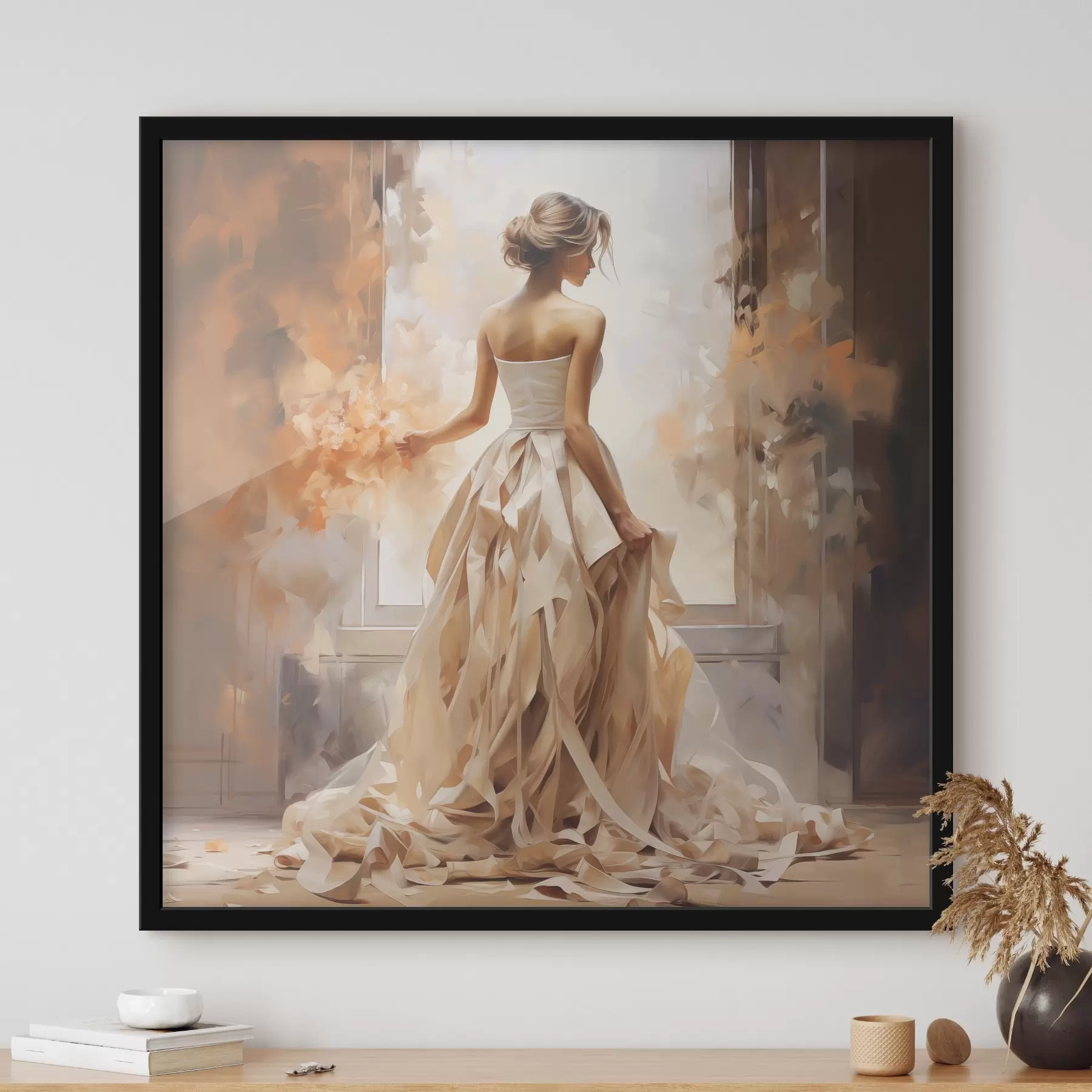 Картина Дівчина у білій весільній сукні стоїть біля вікна серед вогню і малює від руки f39125