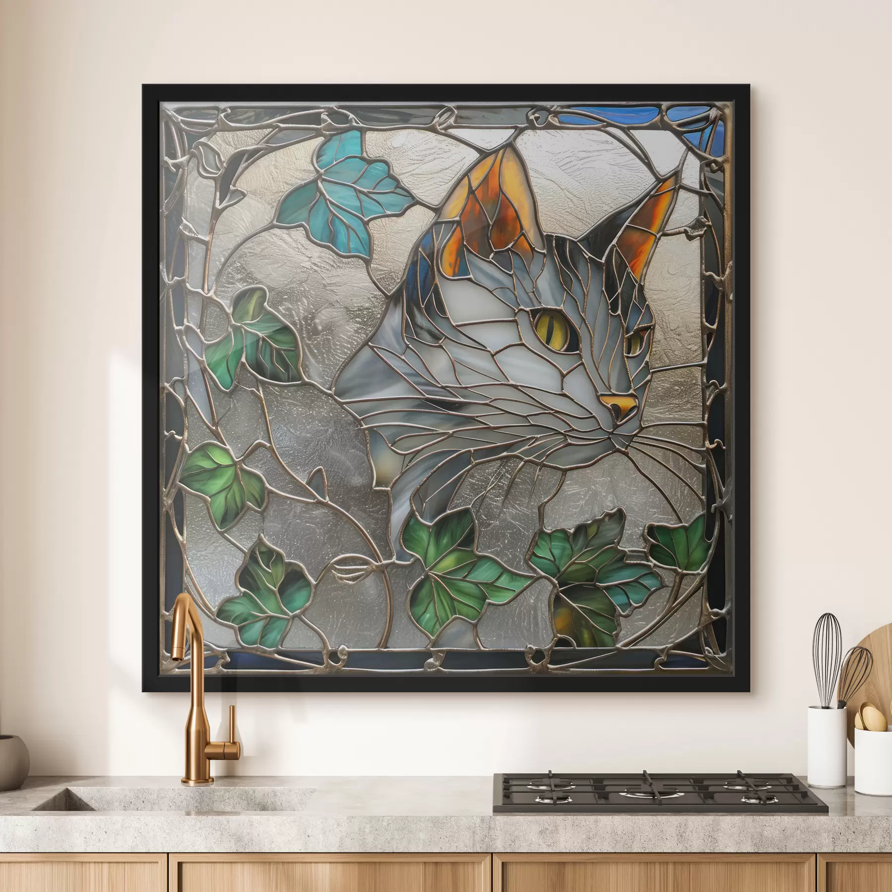 Картина Витвір мистецтва, натхненний вітражами: кіт серед осіннього листя f39448