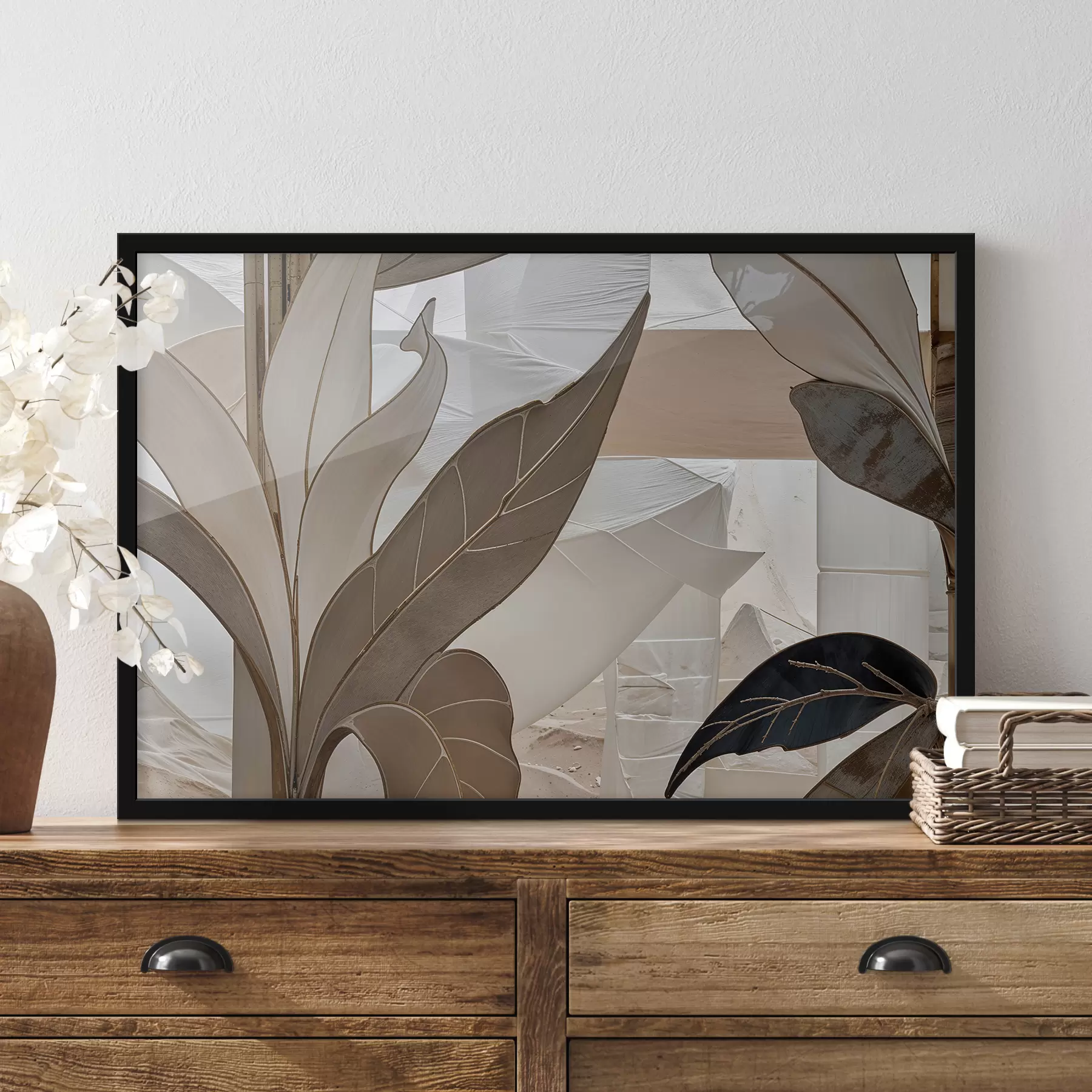 Картина Вид крупним планом абстрактного геометричного візерунка з формами та текстурами, що перекриваються, у відтінках бежевого f39498