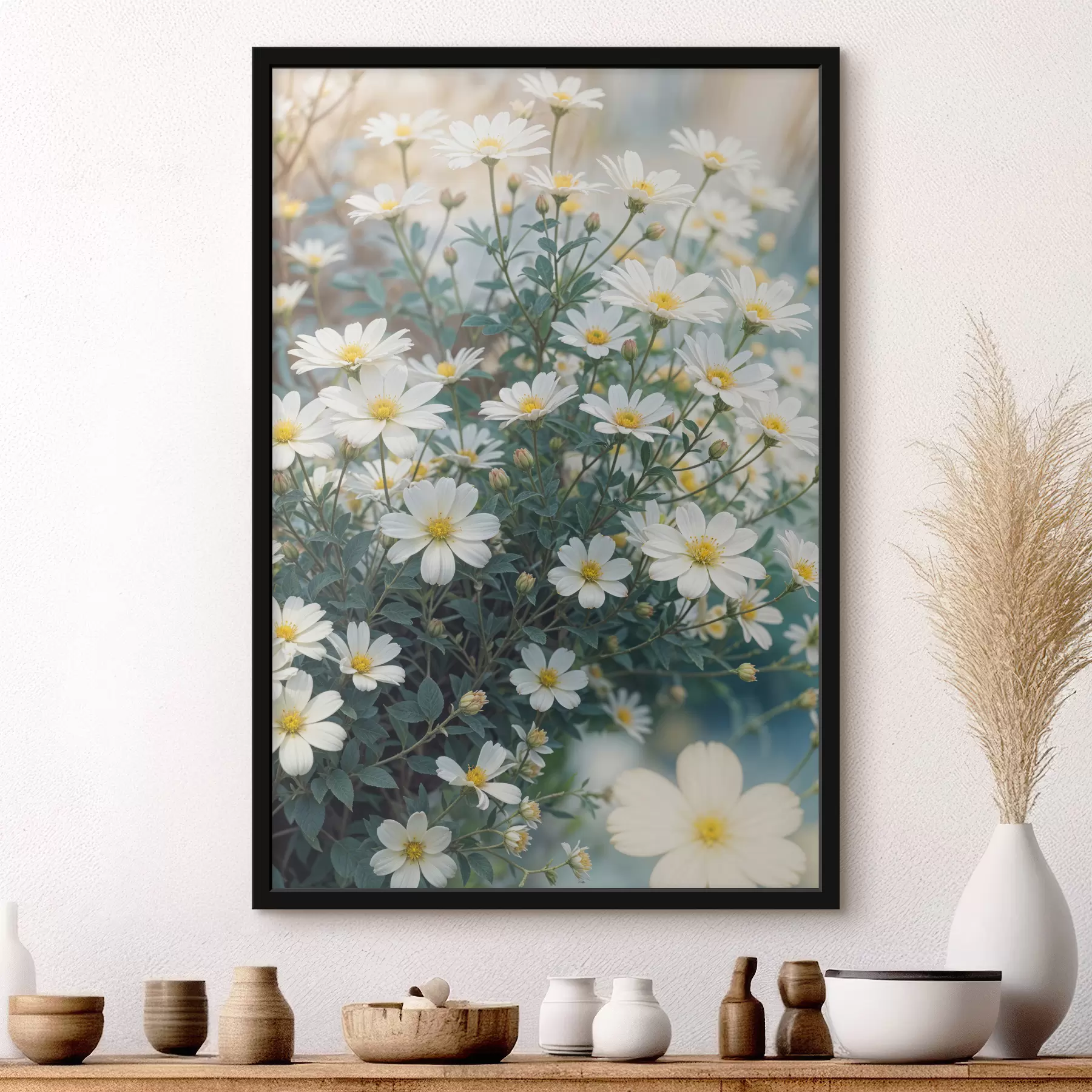 Картина Поле квітів білої ромашки із зеленим листям на розмитому фоні f40413