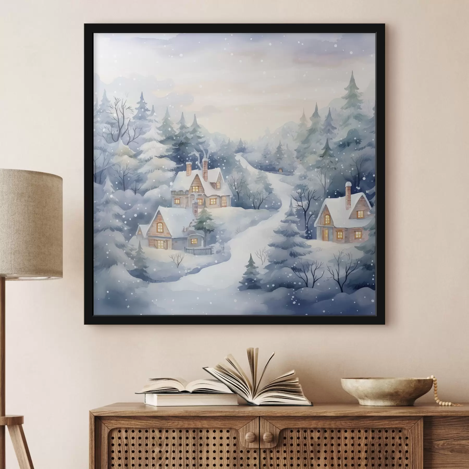 Картина Акварель зимовий пейзаж, сосновий ліс, будинки f41387