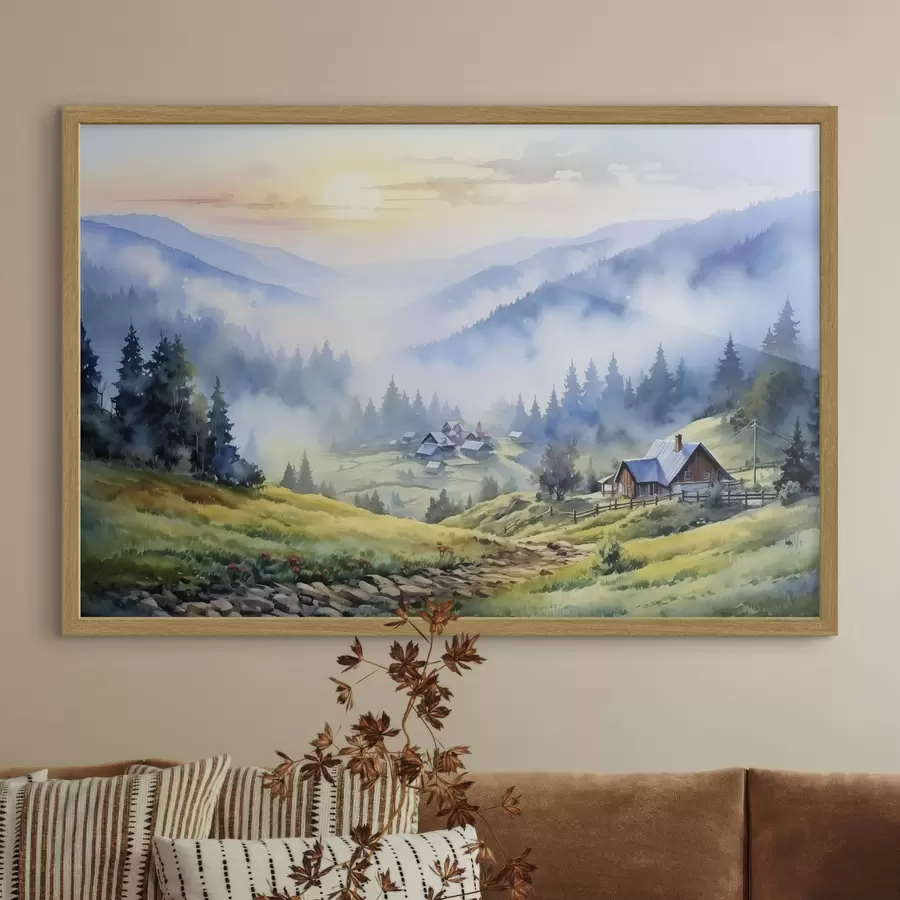 Картина Карпатське село в туманних горах, ліс, акварель f41648
