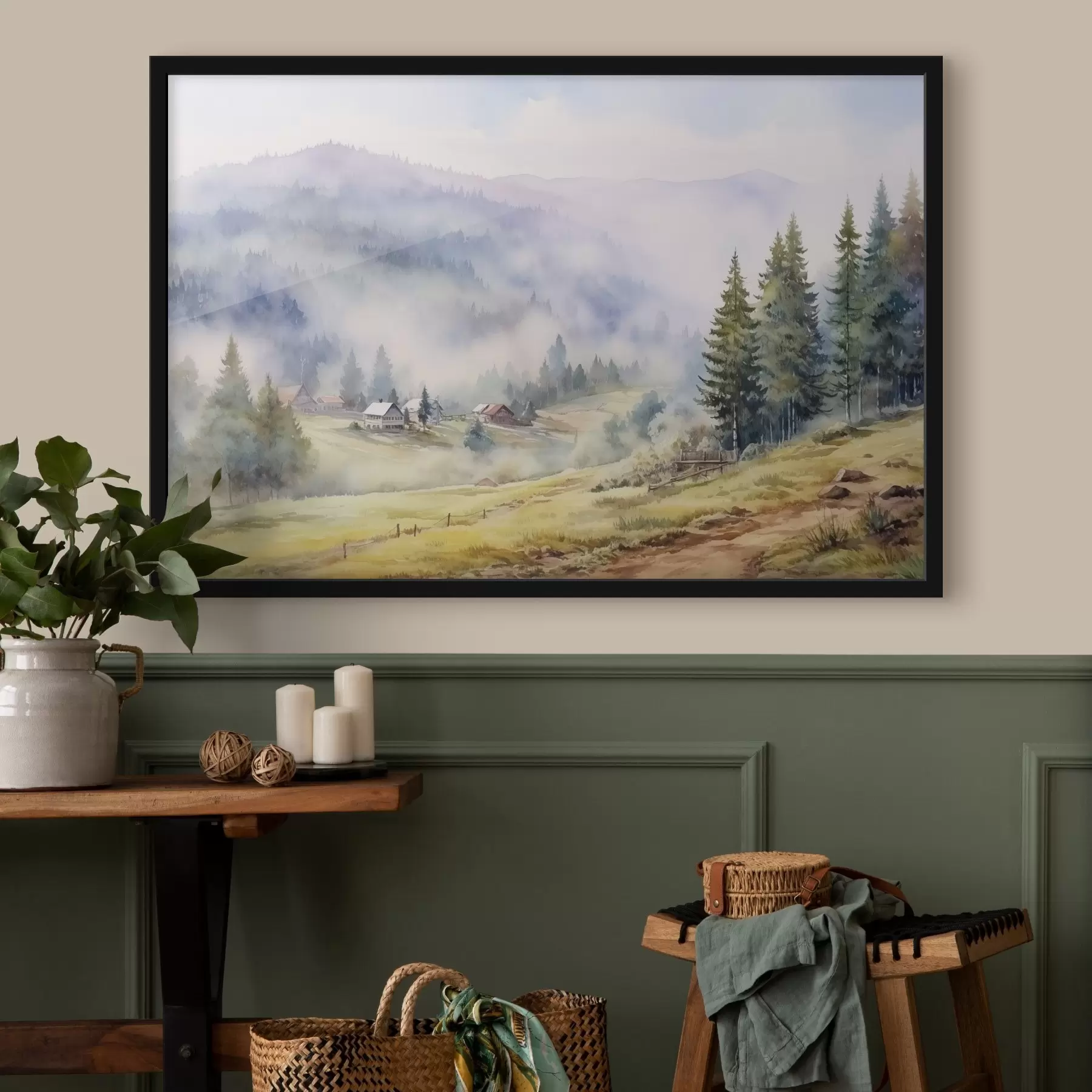 Картина Красиві гори, туманні лісові пейзажі, акварель, село f41649