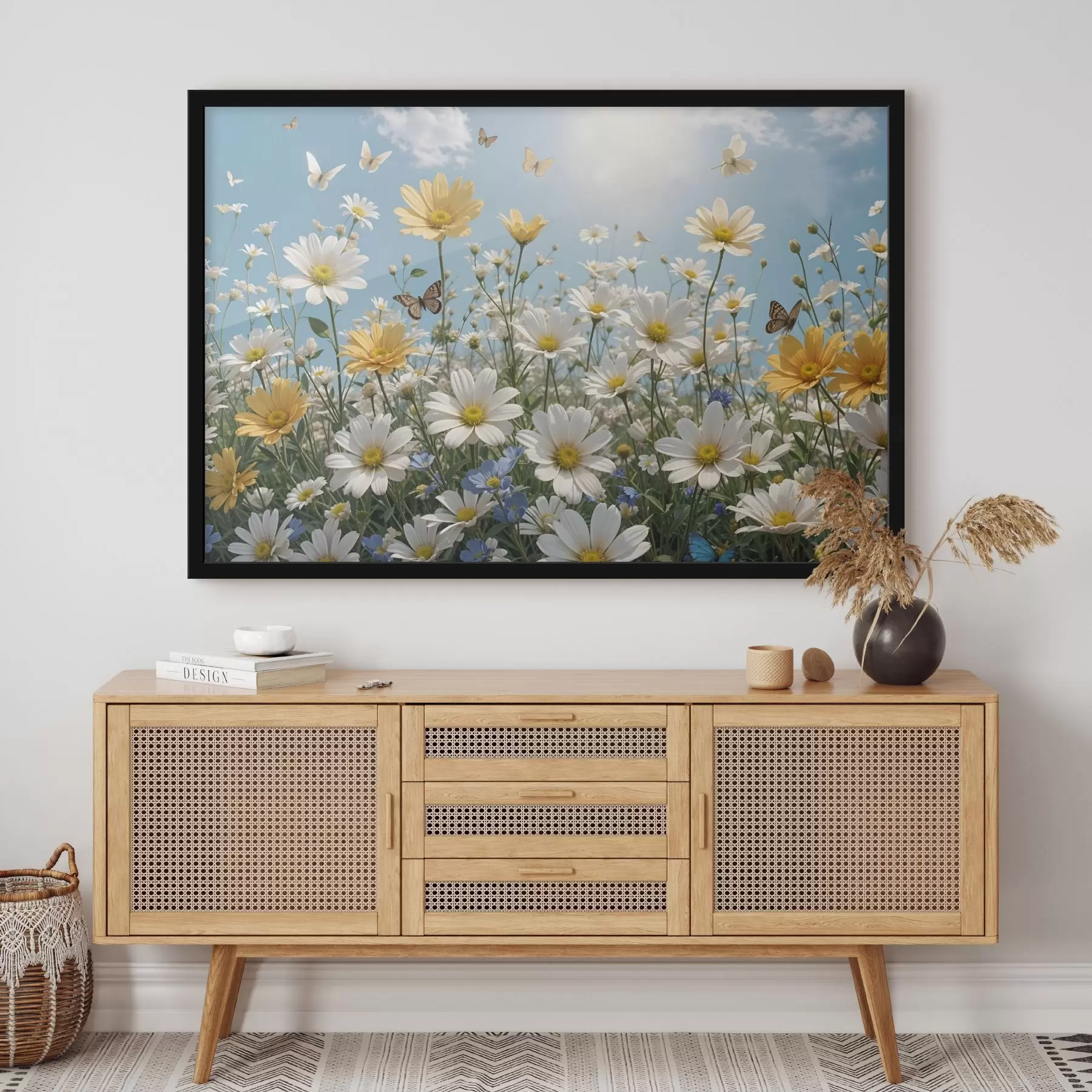 Картина Поле білих і жовтих ромашок на тлі блакитного неба з пухнастими білими хмарами і метеликами, що літають над ними f41726