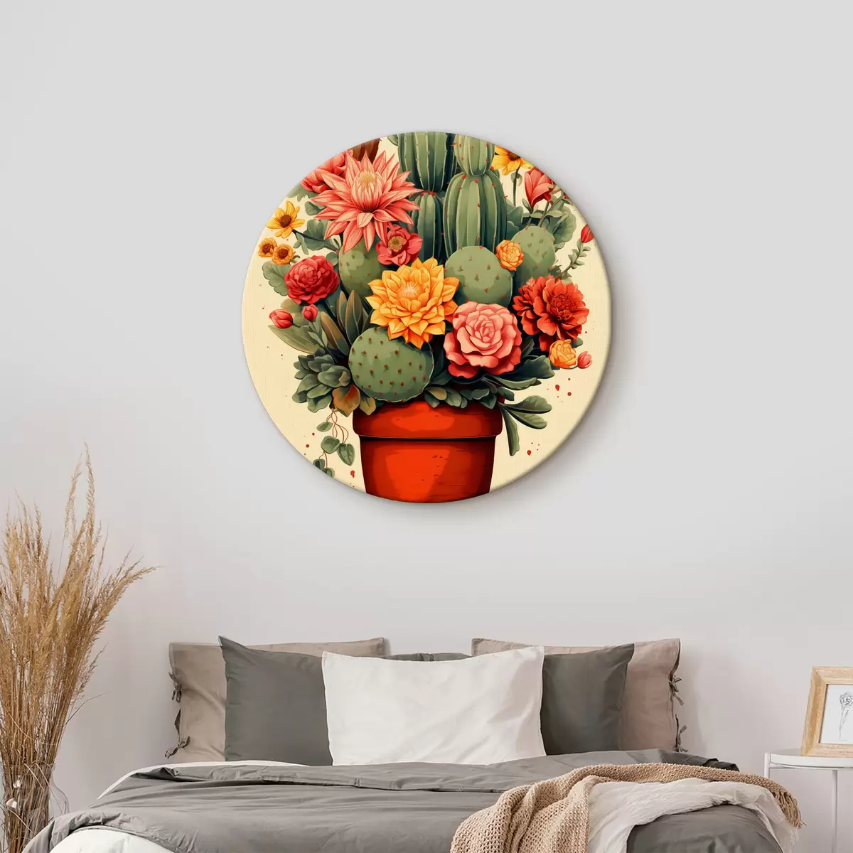 Кругла картина Квітучі кактуси в горщику, зелений, червоний, жовтий, оранжевий колір r40316