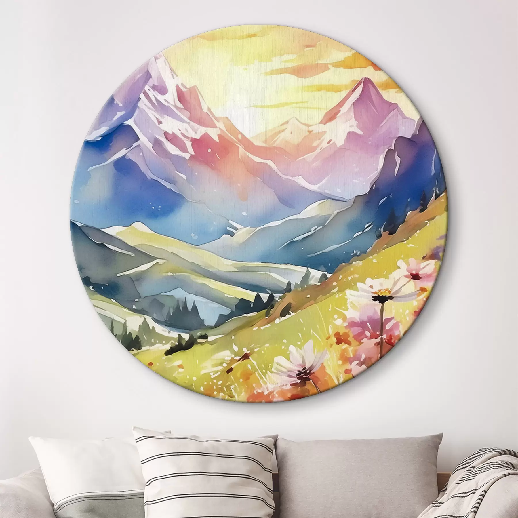 Картина Літні гори, барвистий захід сонця, квіти, акварель, природні пейзажі r38840