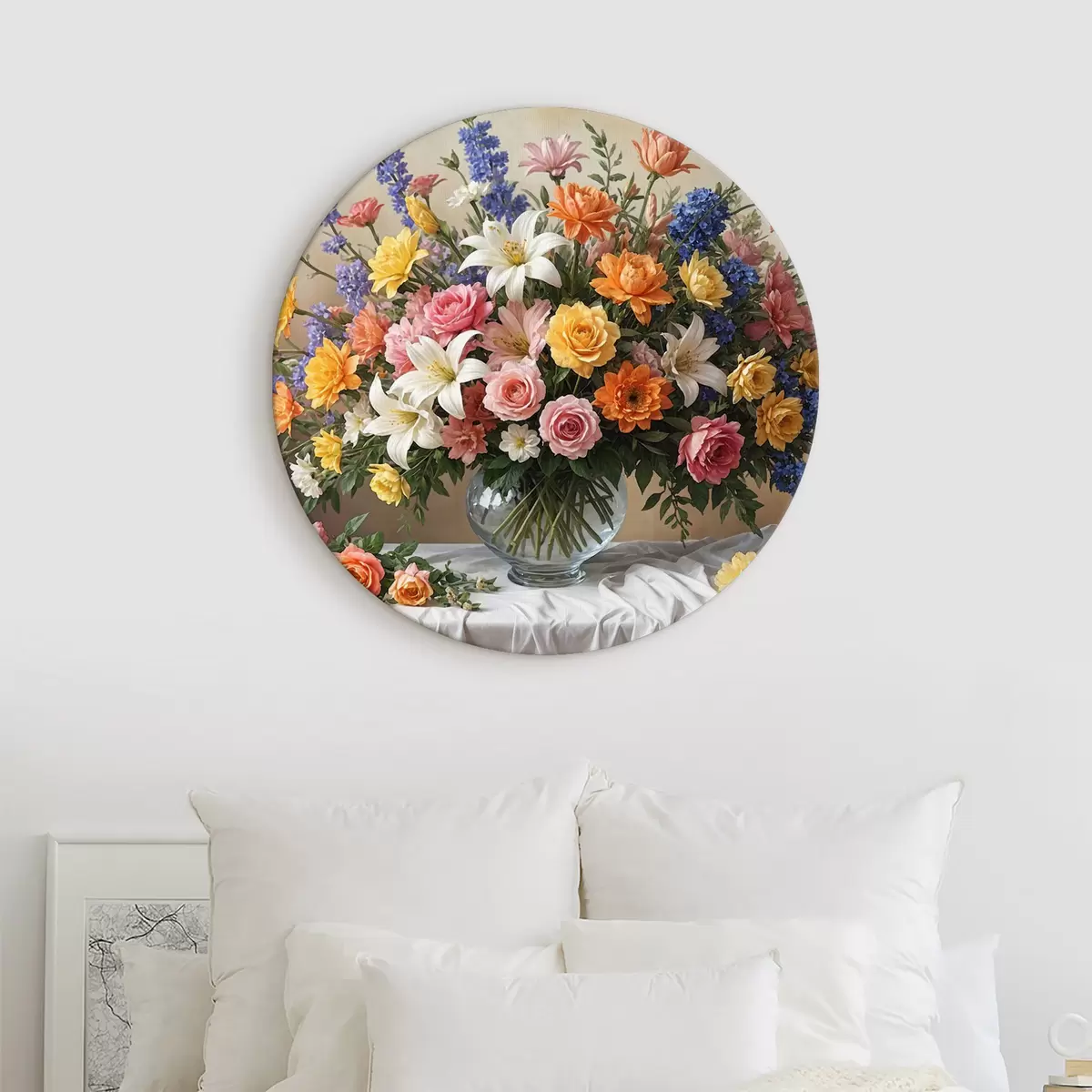 Кругла картина Яскравий букет різноманітних барвистих квітів у скляній вазі на білій скатертині, художній розпис, вінтаж r38825