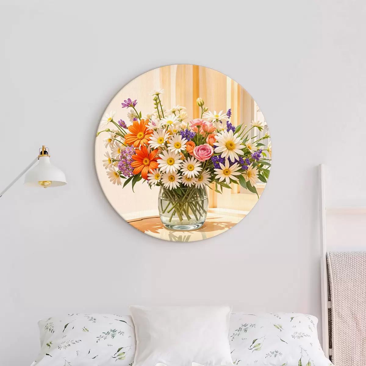 Кругла картина Барвистий букет квітів у скляній вазі на столі перед вікном із теплим сонячним фоном r38978