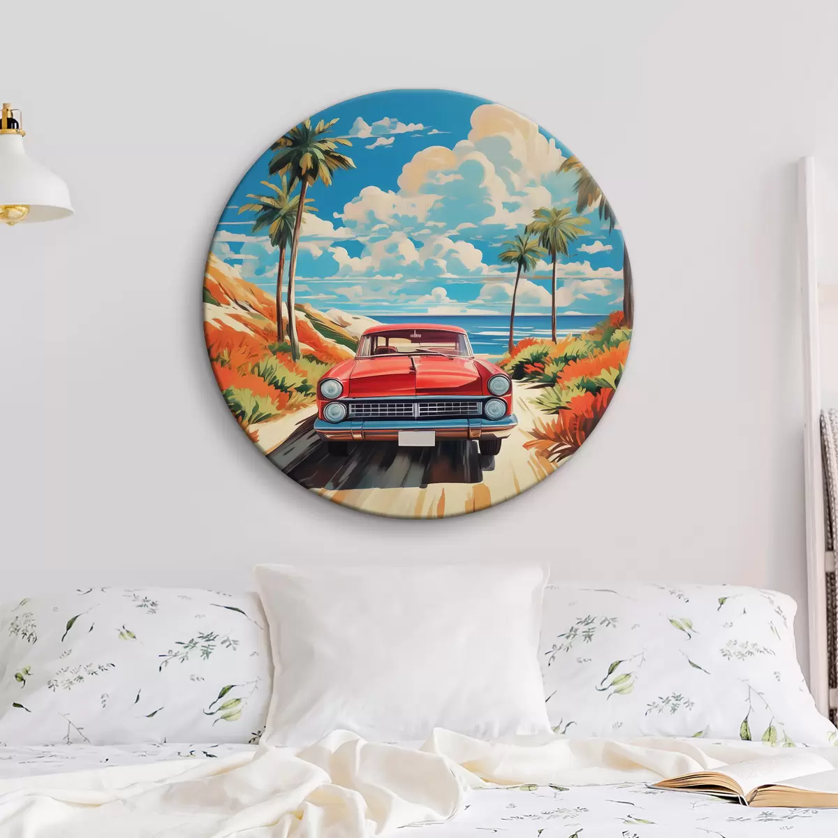 Кругла картина Червоний ретро-автомобіль на пляжі r38806