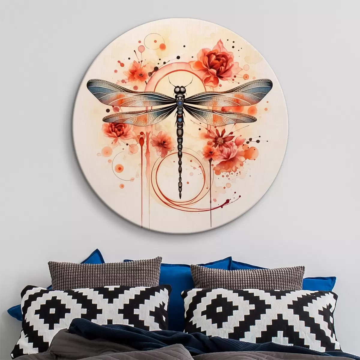 Кругла картина Бабка серед червоних квітів акварель r39567