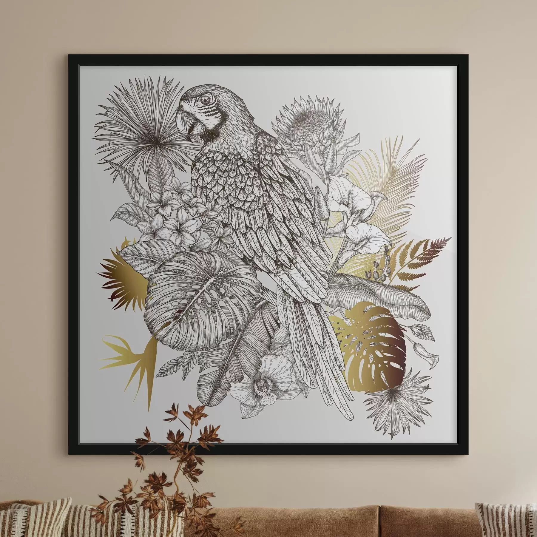 Картина Птах сидить на гілці з листя f37182