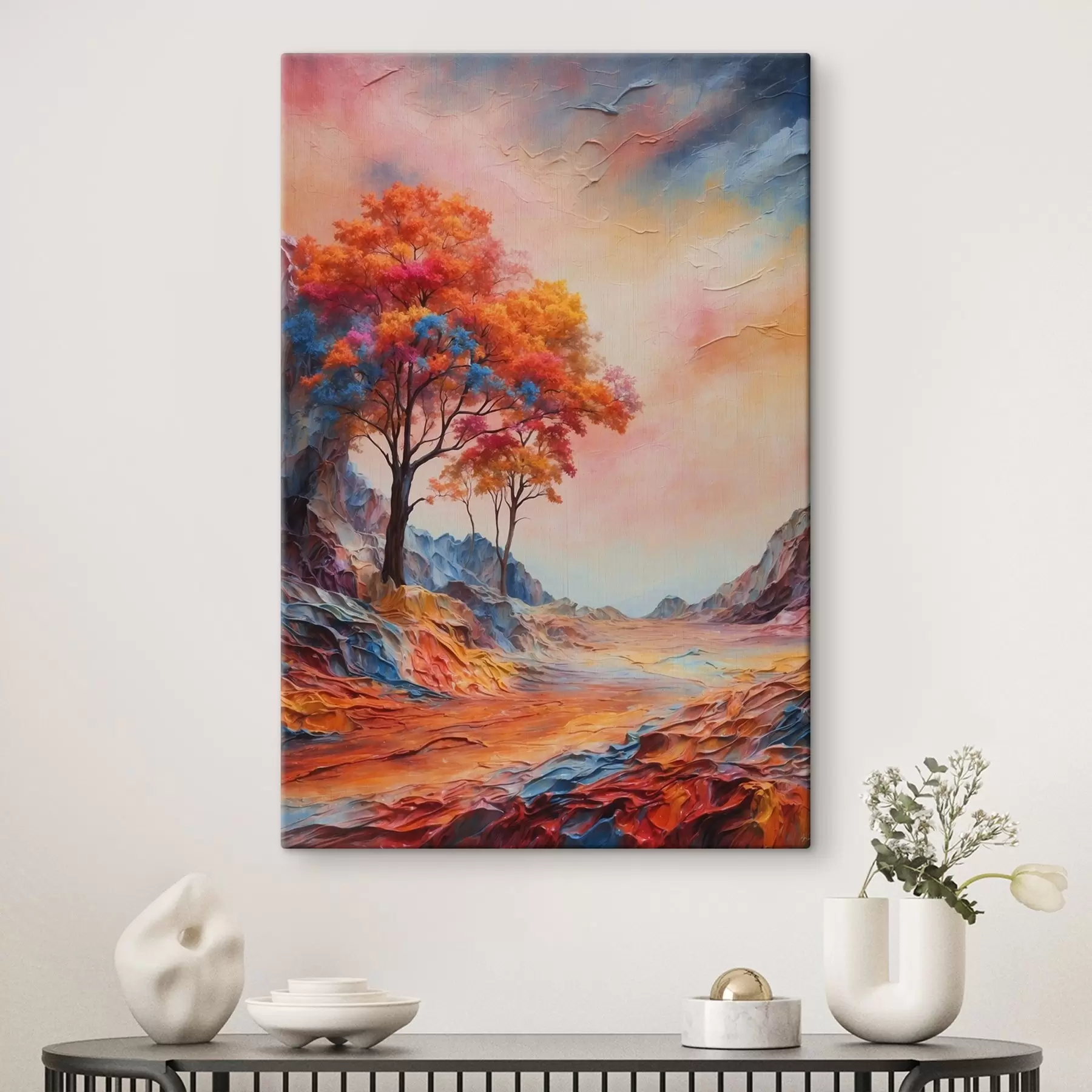 Картина Дерева та абстрактні різнокольорові гори s41772