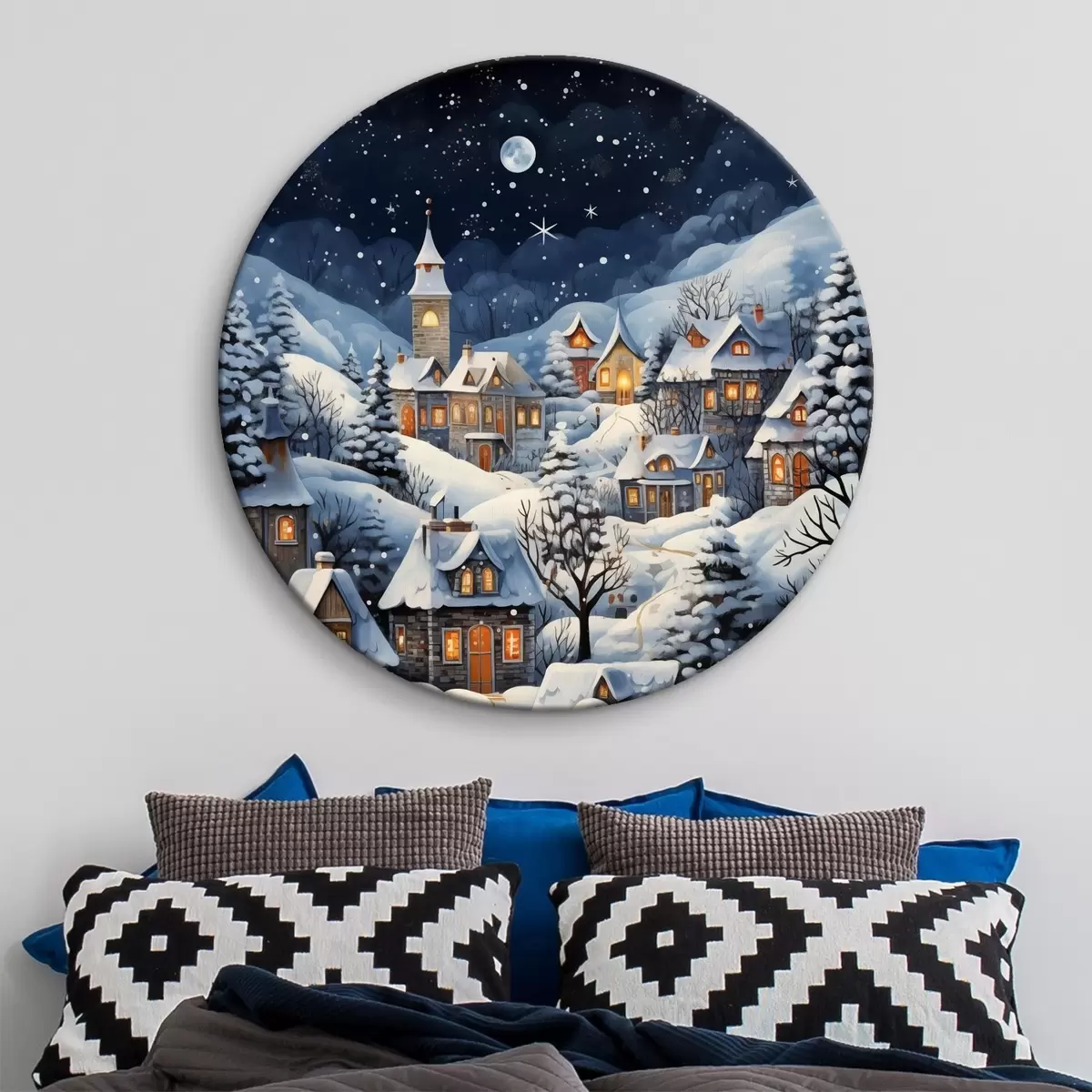 Кругла картина Зимовий пейзаж із засніженими заміськими будинками на тлі зоряного нічного неба r41275