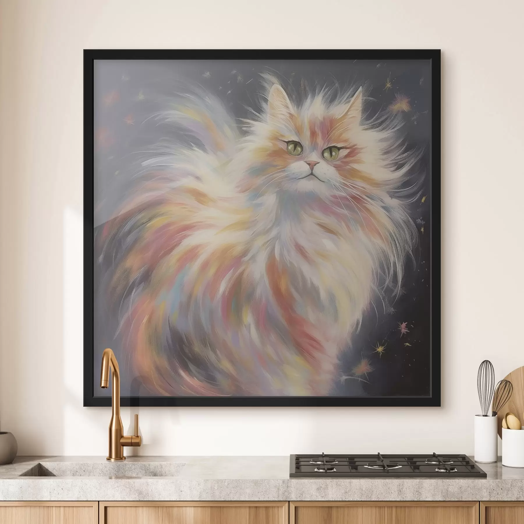 Картина Пухнастий кіт з барвистим хутром на темному тлі f42484