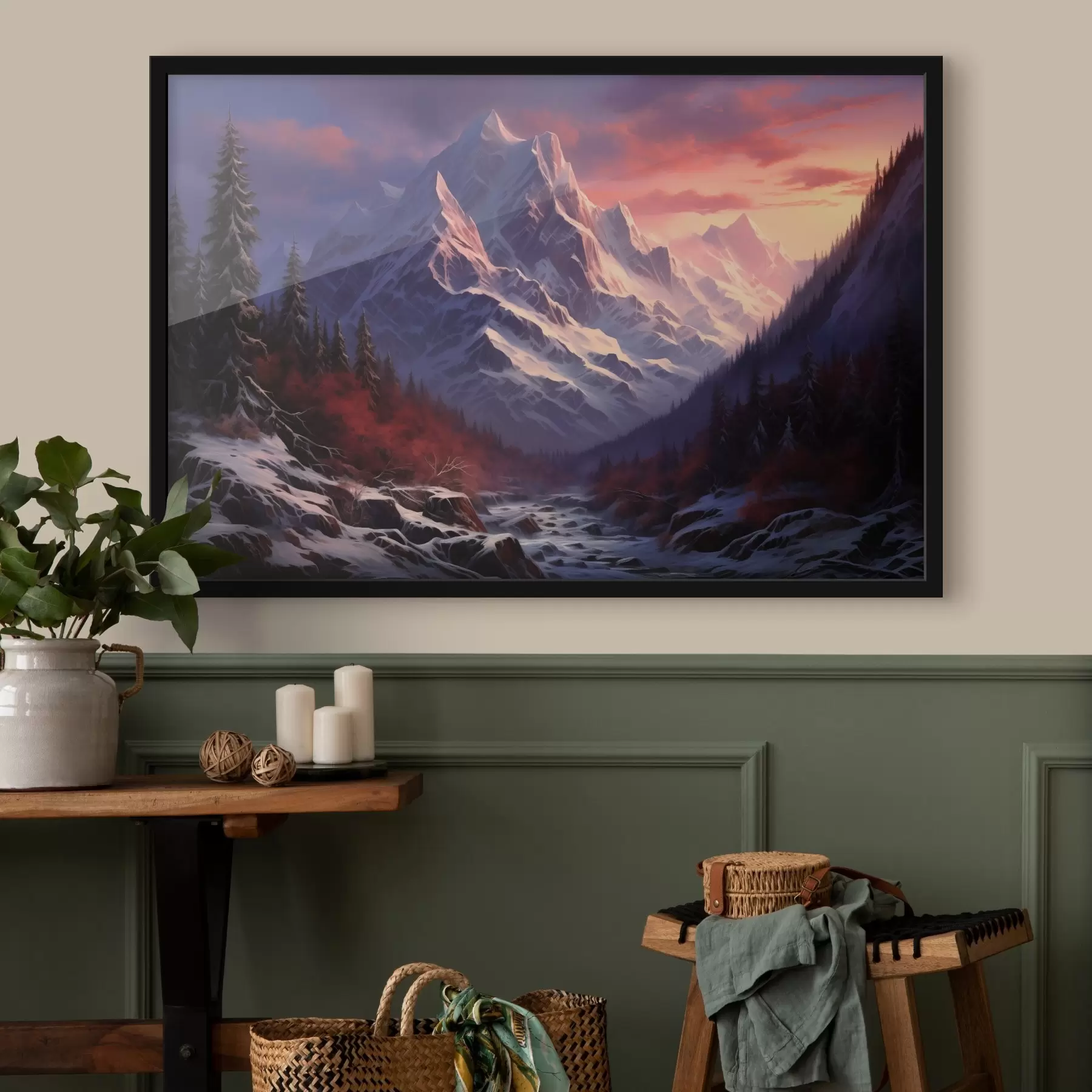 Картина Захоплюючий гірський пейзаж на заході сонця із засніженими вершинами, темними соснами і м'якими рожево-фіолетовими відтінками неба. f42566