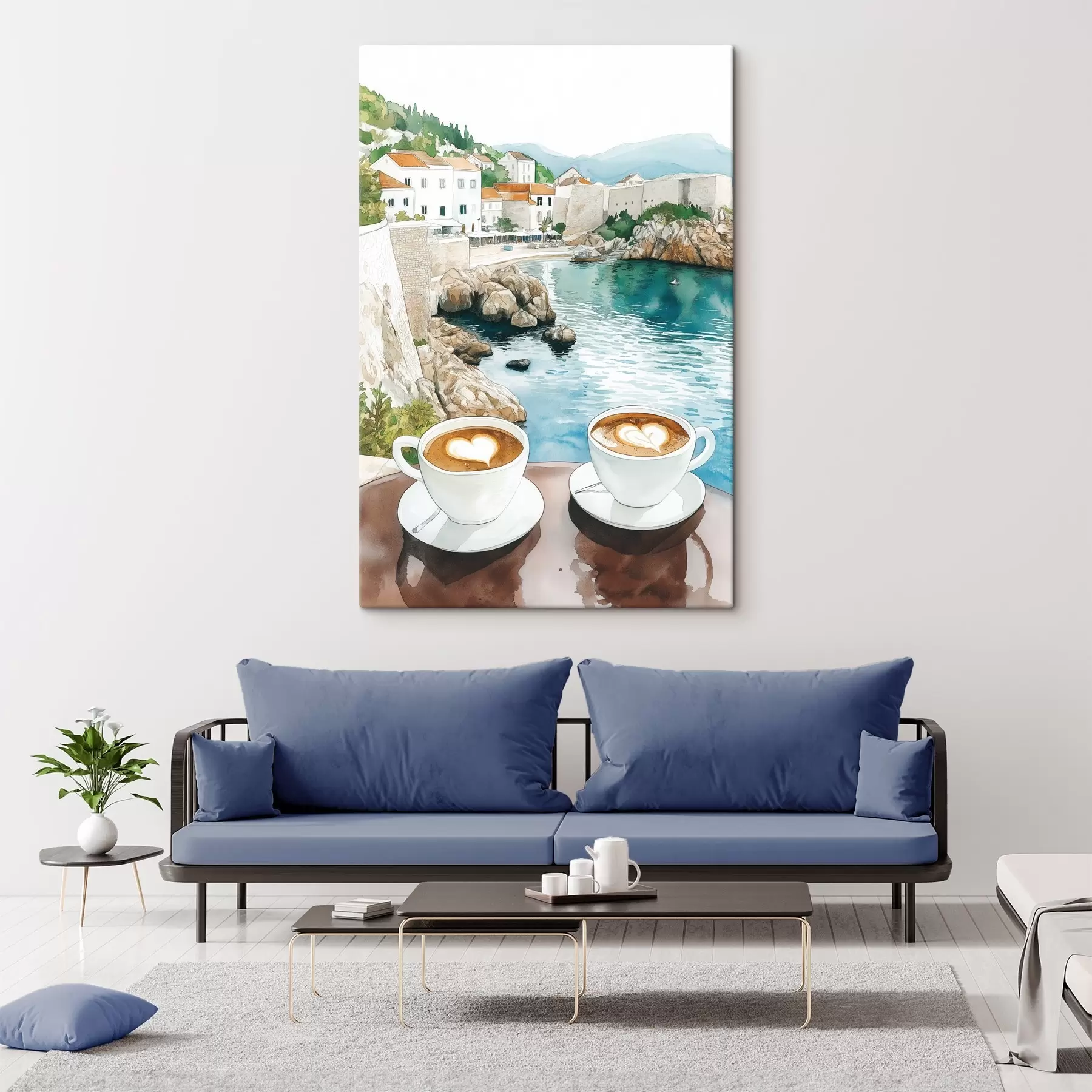 Картина Чашки кави на березі моря, акварельний стиль, Хорватія s42448