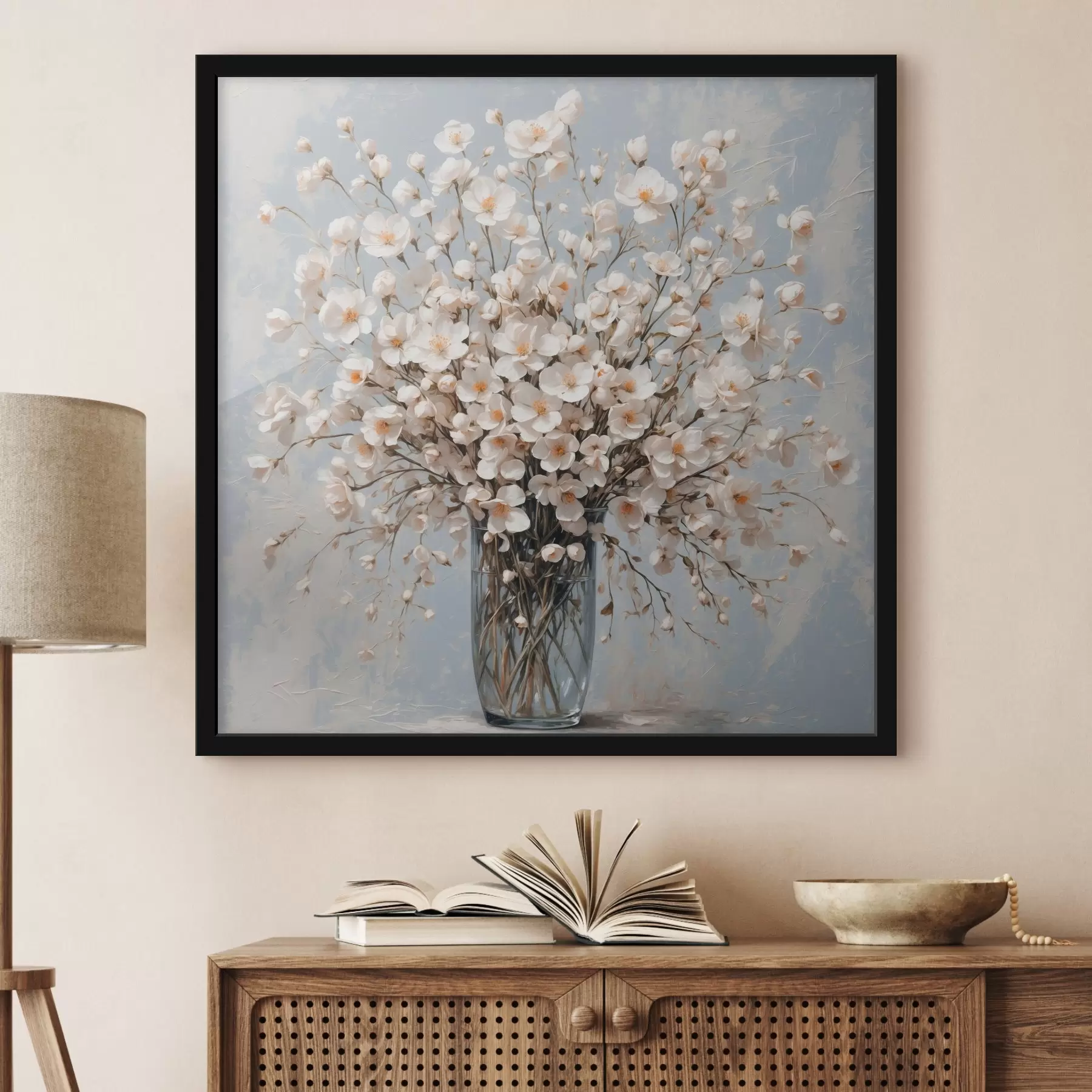 Картина Білі квіти в прозорій вазі f42547