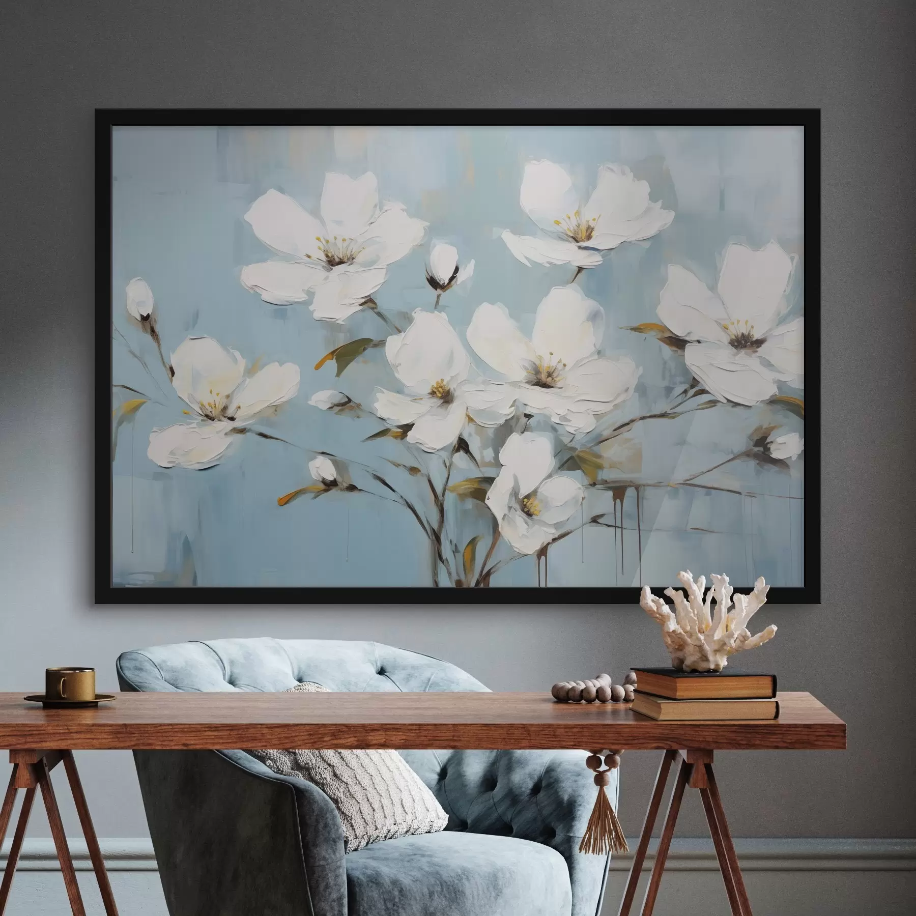 Картина Білі квіти з ніжними пелюстками та зеленим листям на світло-блакитному тлі з імітацією олійного живопису f42719