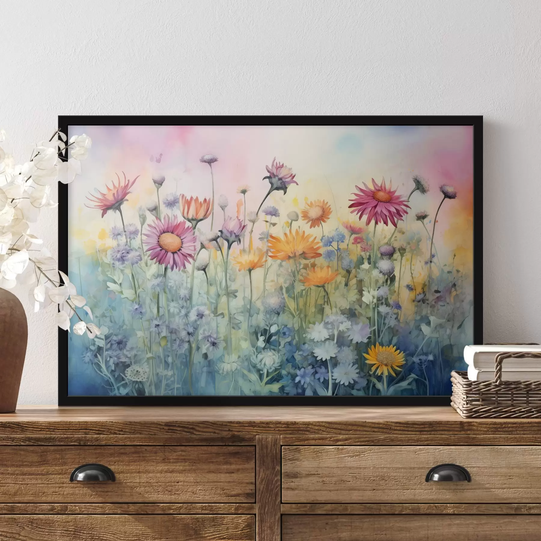 Картина Яскраве поле високих і пишних польових квітів на м'якому пастельному акварельному тлі f42726