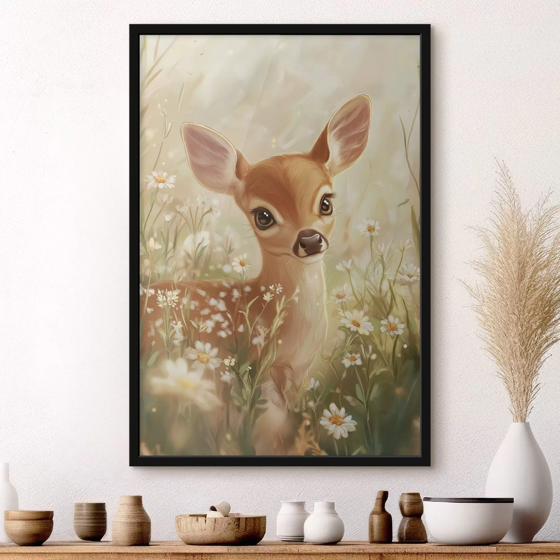 Картина Симпатичний олень на лузі з квітами маргариток, малюнок олією f42780