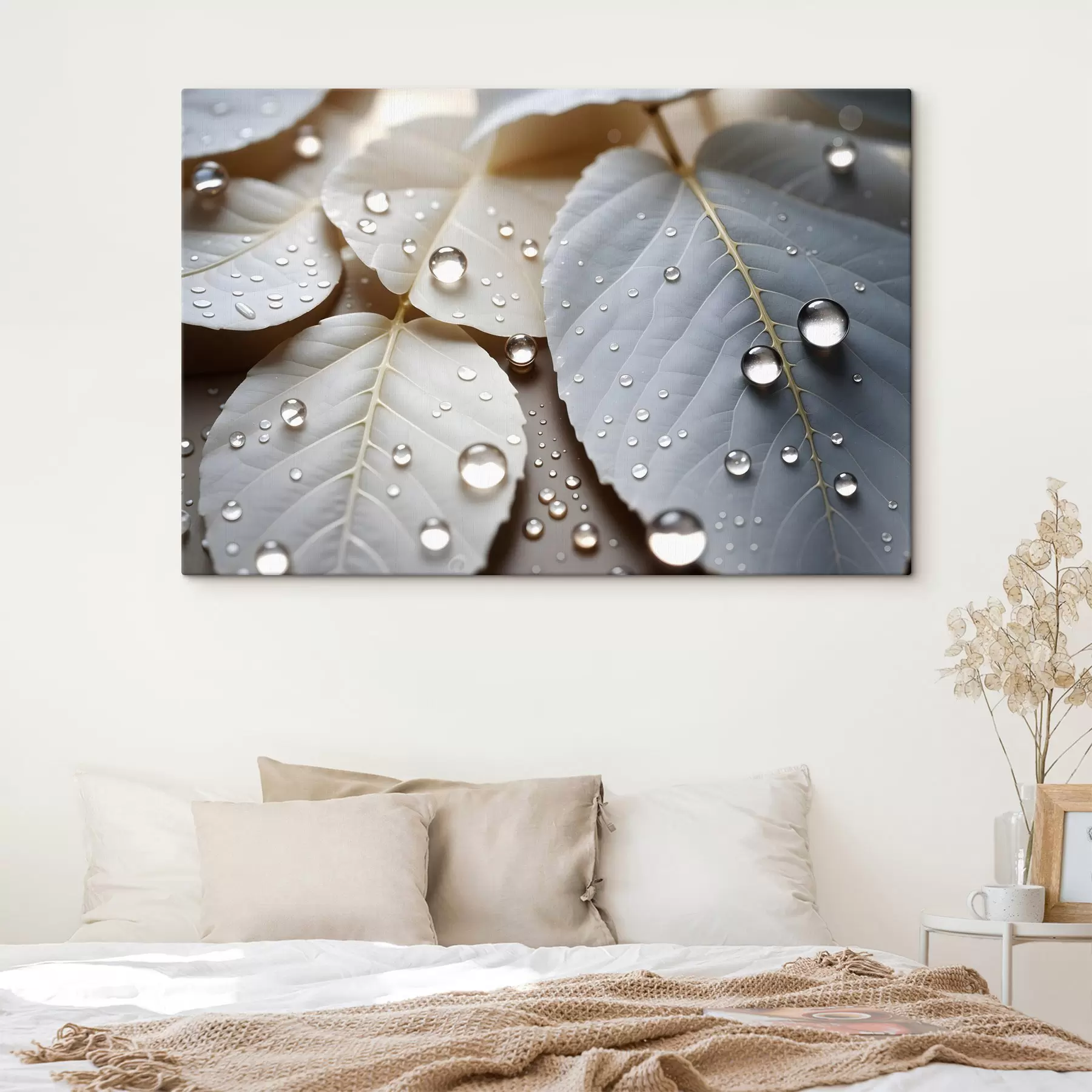 Картина Крупним планом біле листя, вкрите краплями води, мінімалістична композиція, нейтральне тло s43159