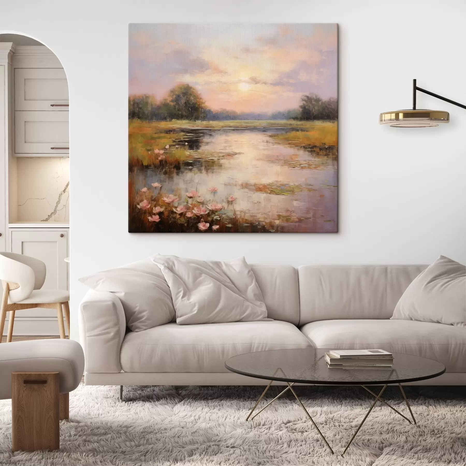 Картина Водойма з квітами на заході сонця s44044