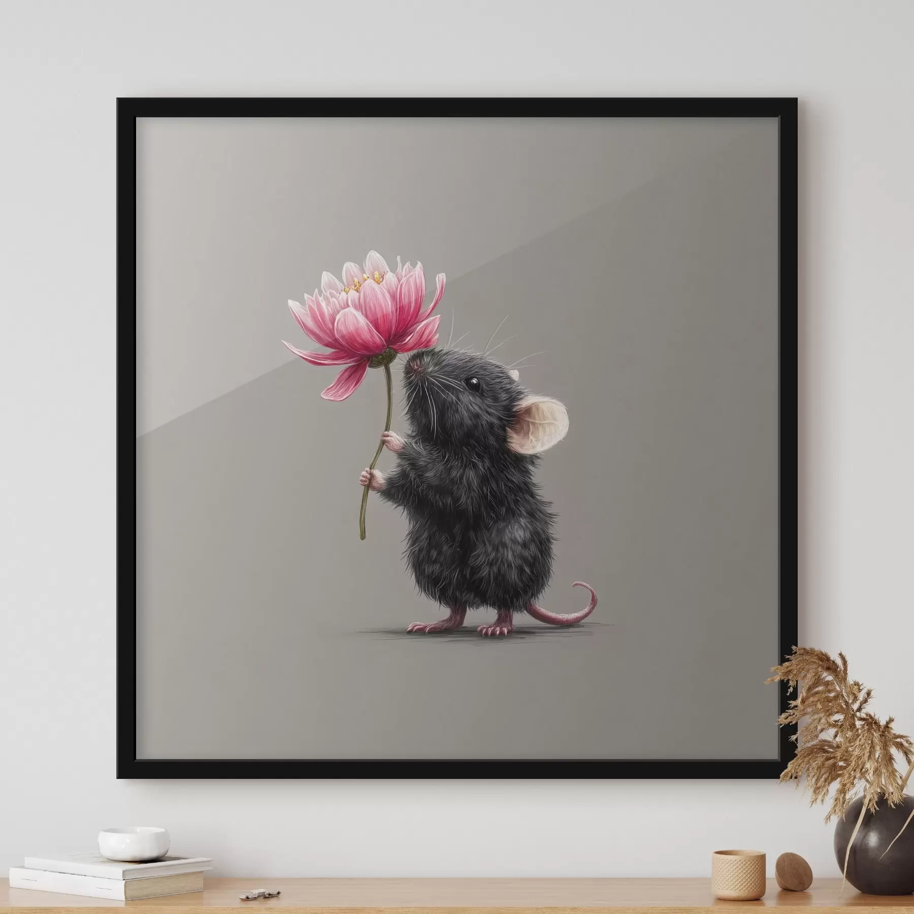 Картина Чарівна мишка вдихає аромат рожевої півонії f44248