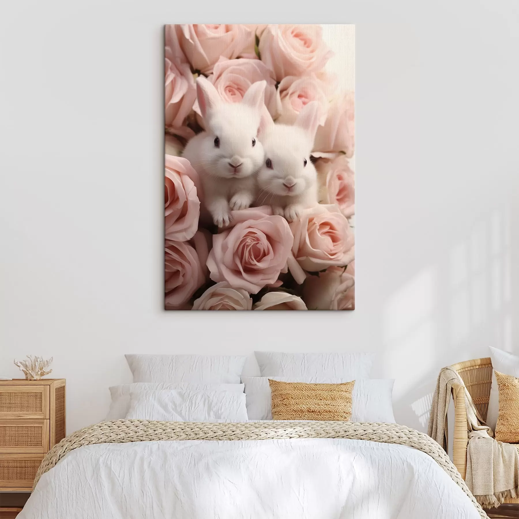 Картина Два білих кролика в ніжних рожевих квітах s44380