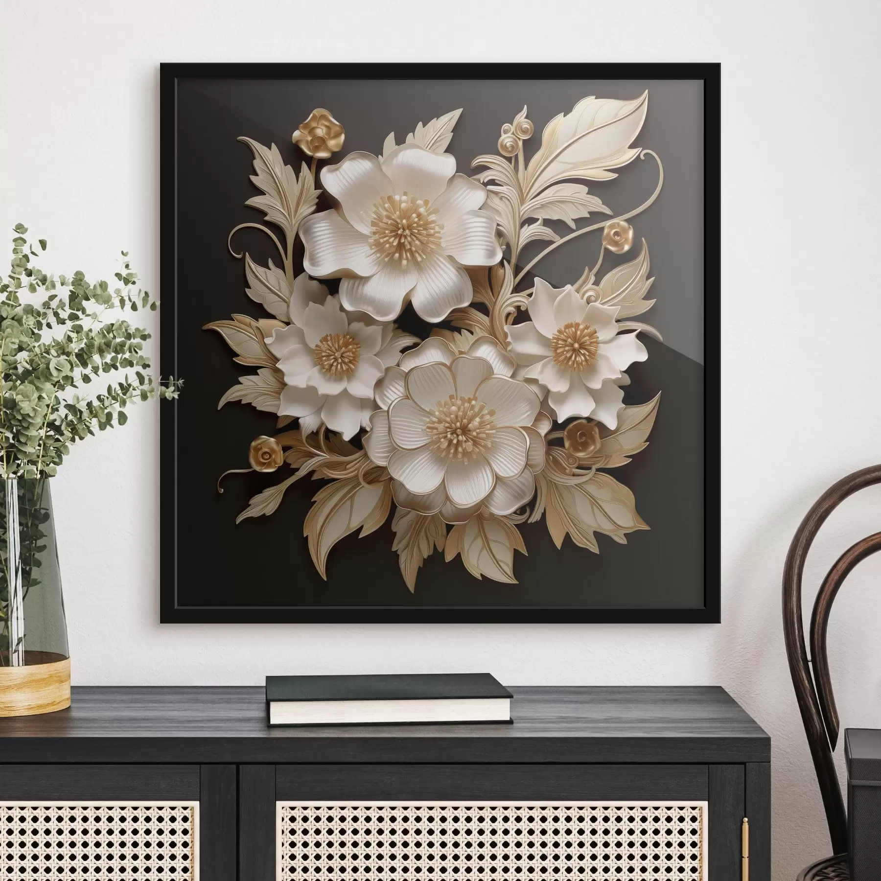 Картина Об'ємні білі квіти на чорному тлі f44340