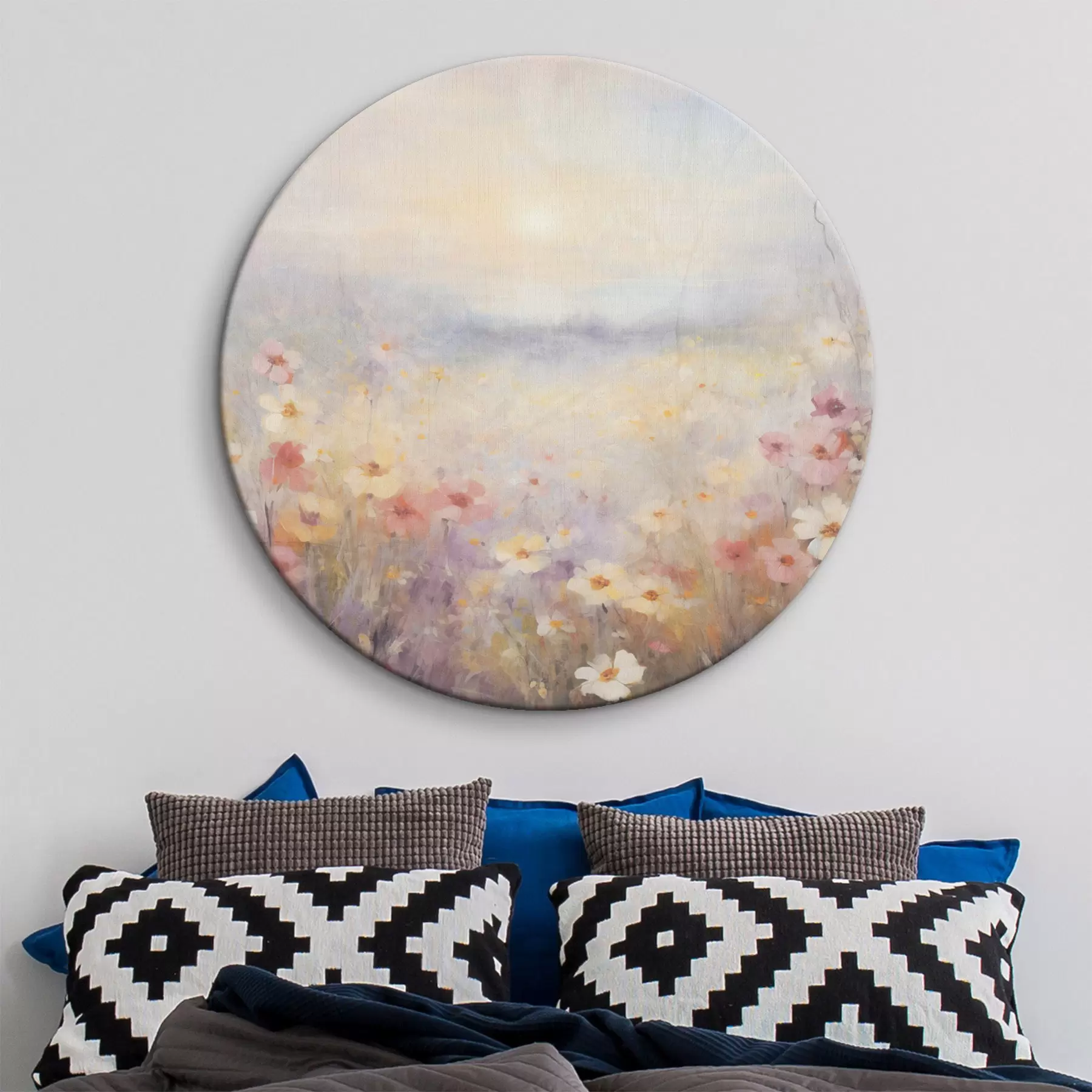 Картина Текстурований сонячний пейзаж квіткового поля, м'які пастельні кольори, мрійлива атмосфера r44408