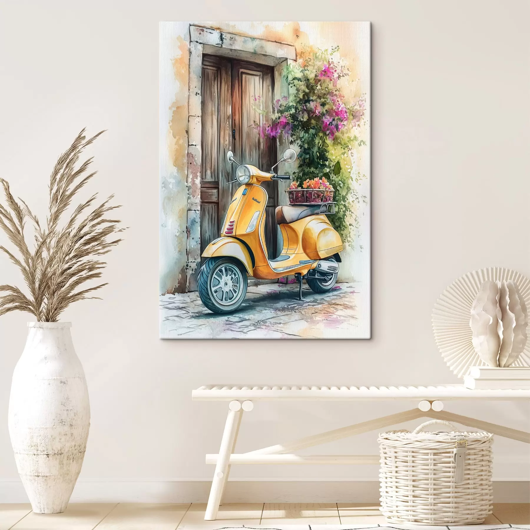 Картина Жовтий скутер Vespa біля дерев'яних дверей з квітами s44607