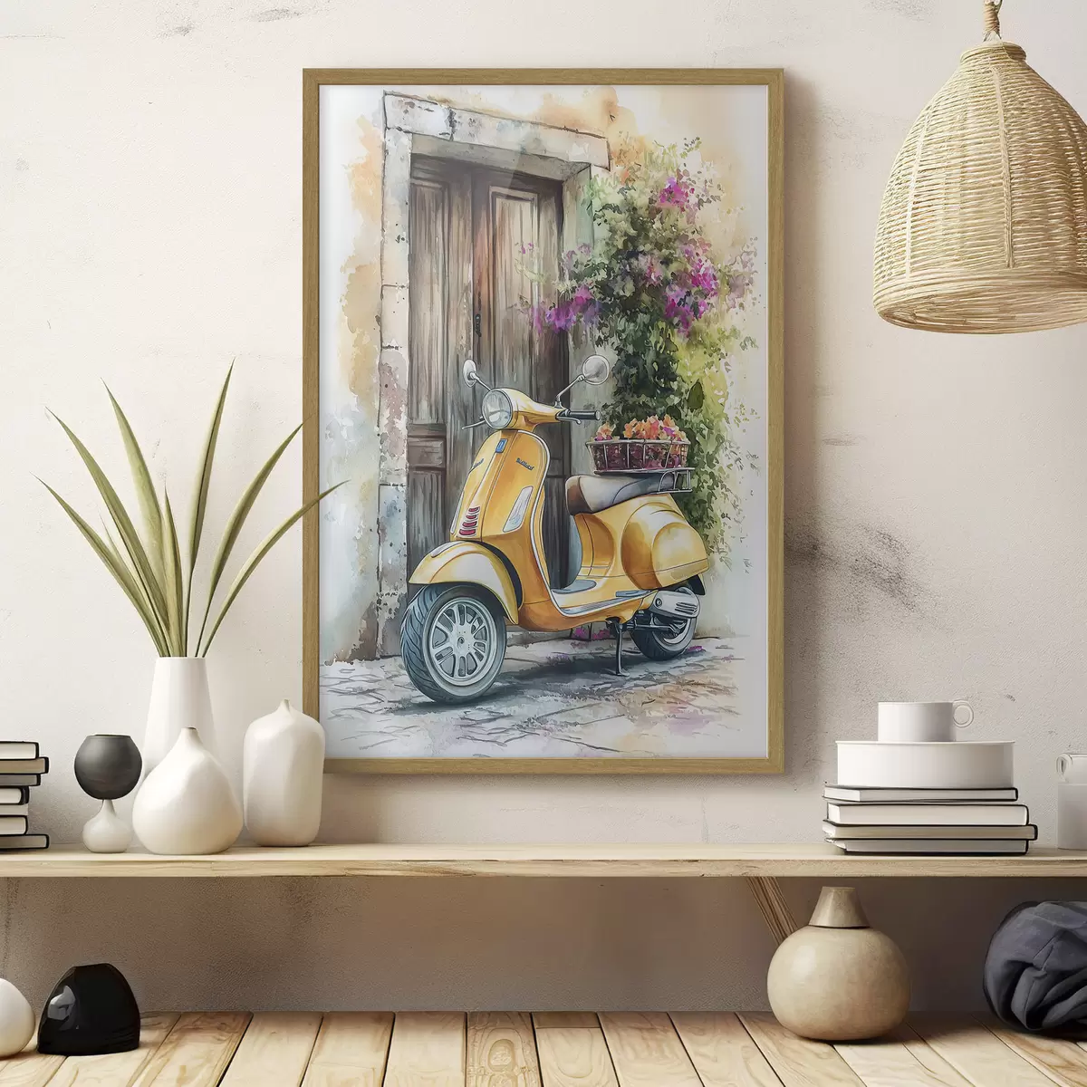 Постер Жовтий скутер Vespa біля дерев'яних дверей з квітами f44607