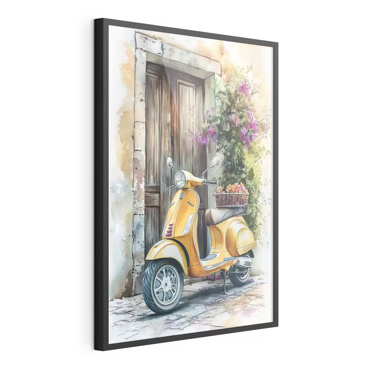 Постер Жовтий скутер Vespa біля дерев'яних дверей з квітами f44607