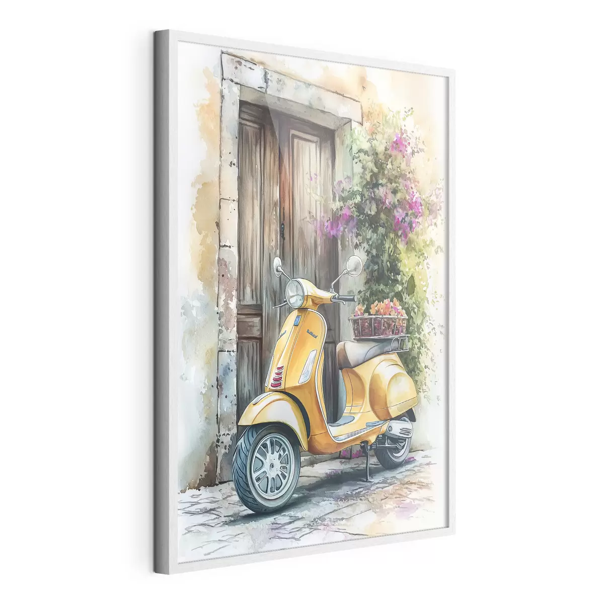 Постер Жовтий скутер Vespa біля дерев'яних дверей з квітами f44607