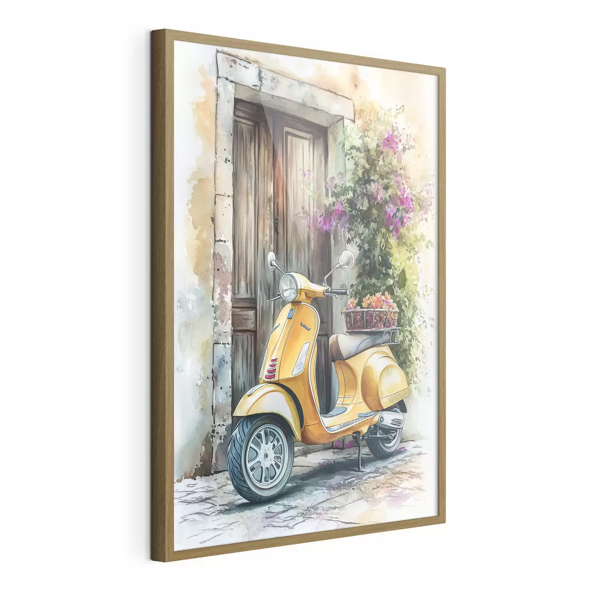 Постер Жовтий скутер Vespa біля дерев'яних дверей з квітами f44607