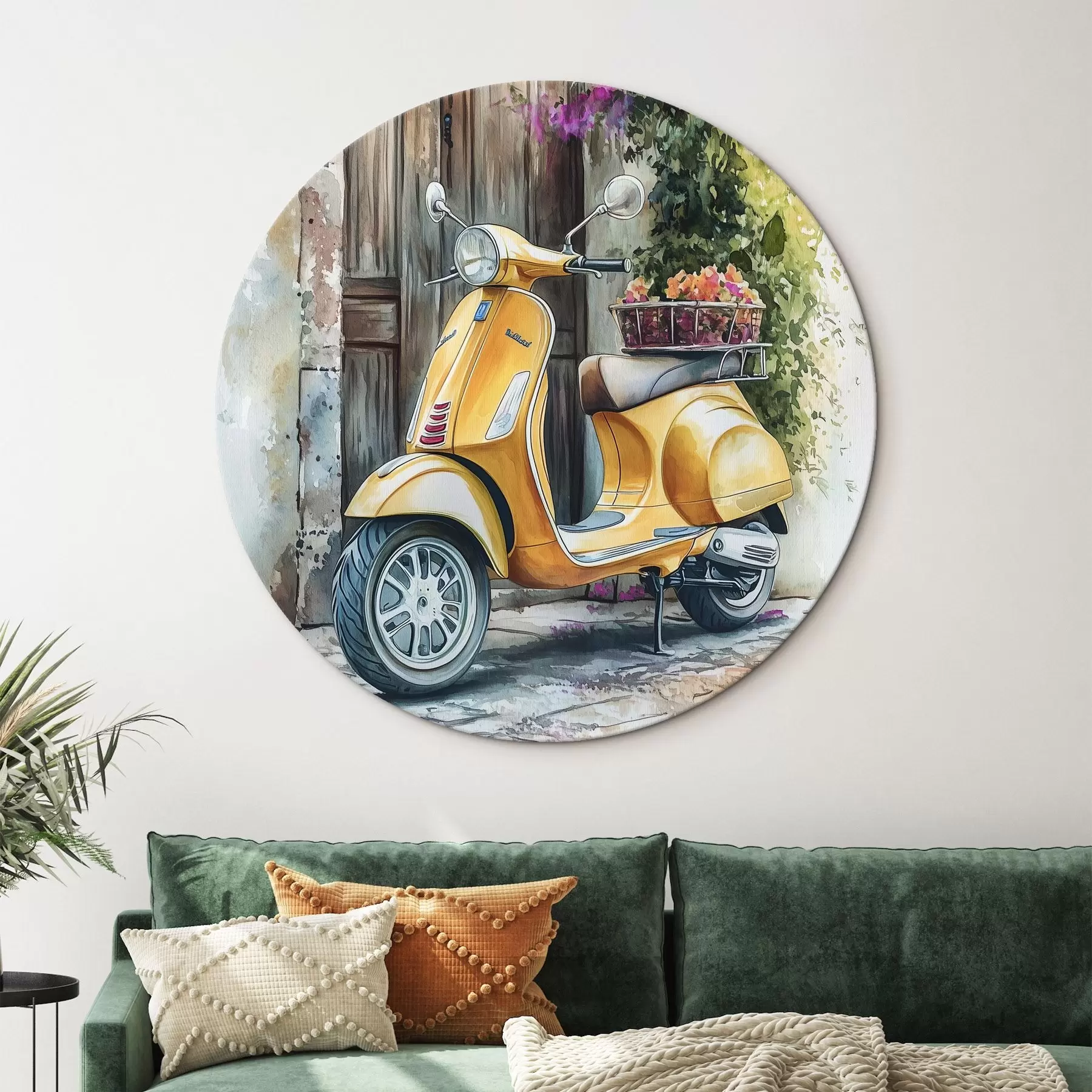 Картина Жовтий скутер Vespa біля дерев'яних дверей з квітами r44607