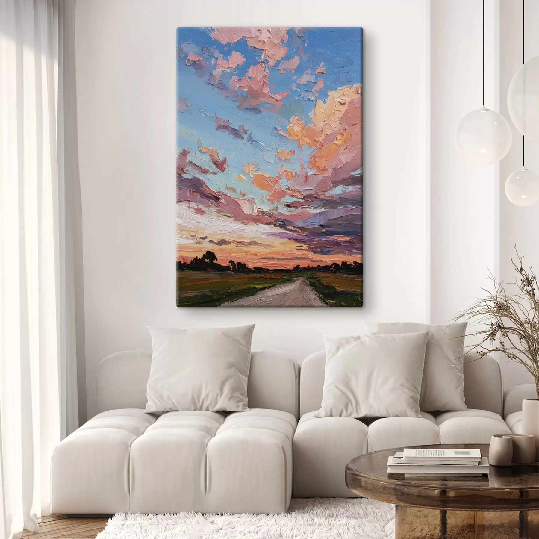 Картина Західне небо, дорога в полі, яскраві мазки пензля, імітація олійного стилю  s44795