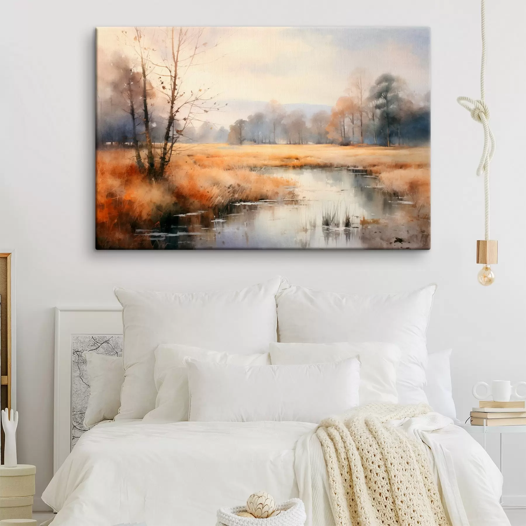 Картина Спокійний фактурний пейзажний живопис, що імітує очерет і голі дерева, спокійну воду під небом s44867