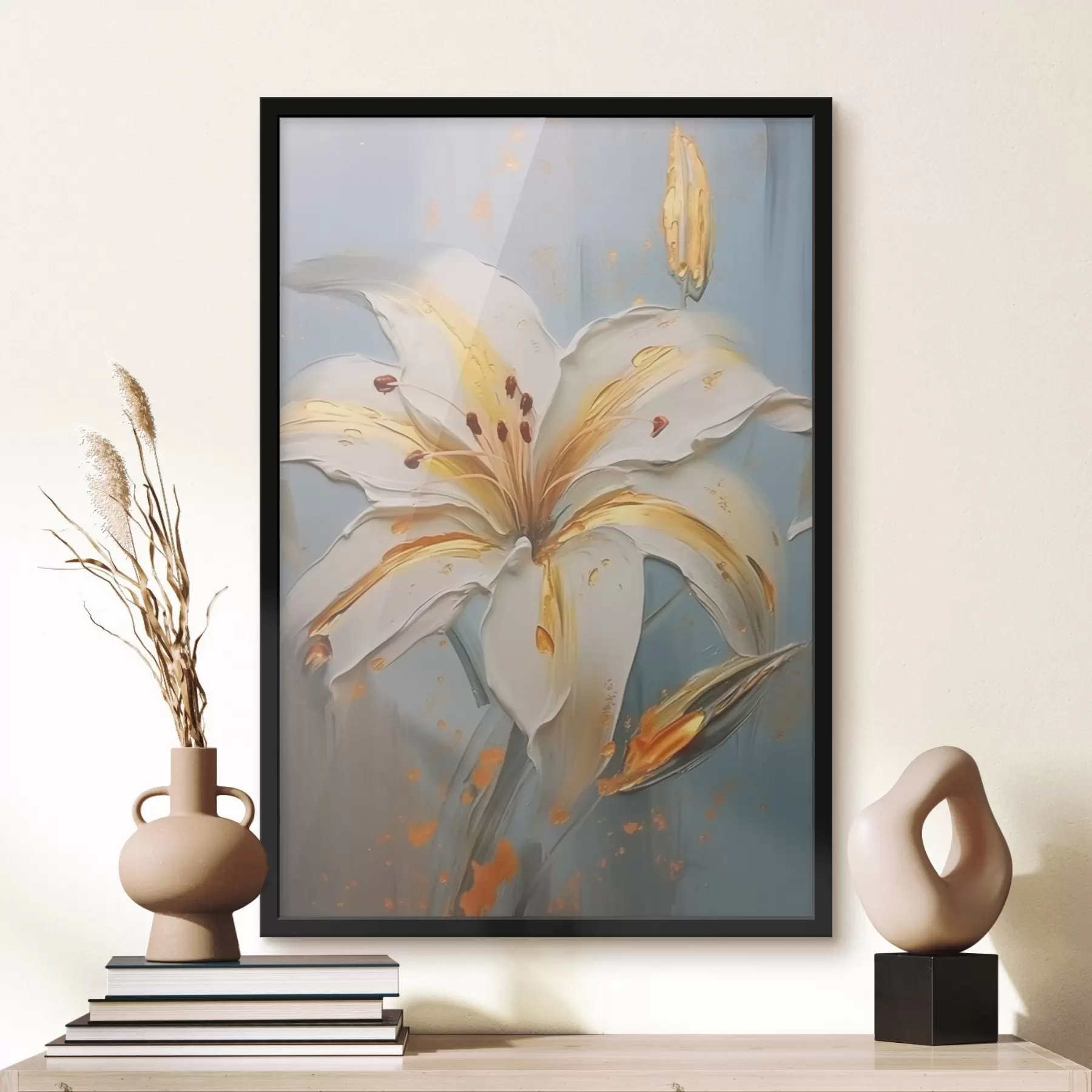 Картина Біла лілія з жовтими штрихами на блакитному тлі f45077