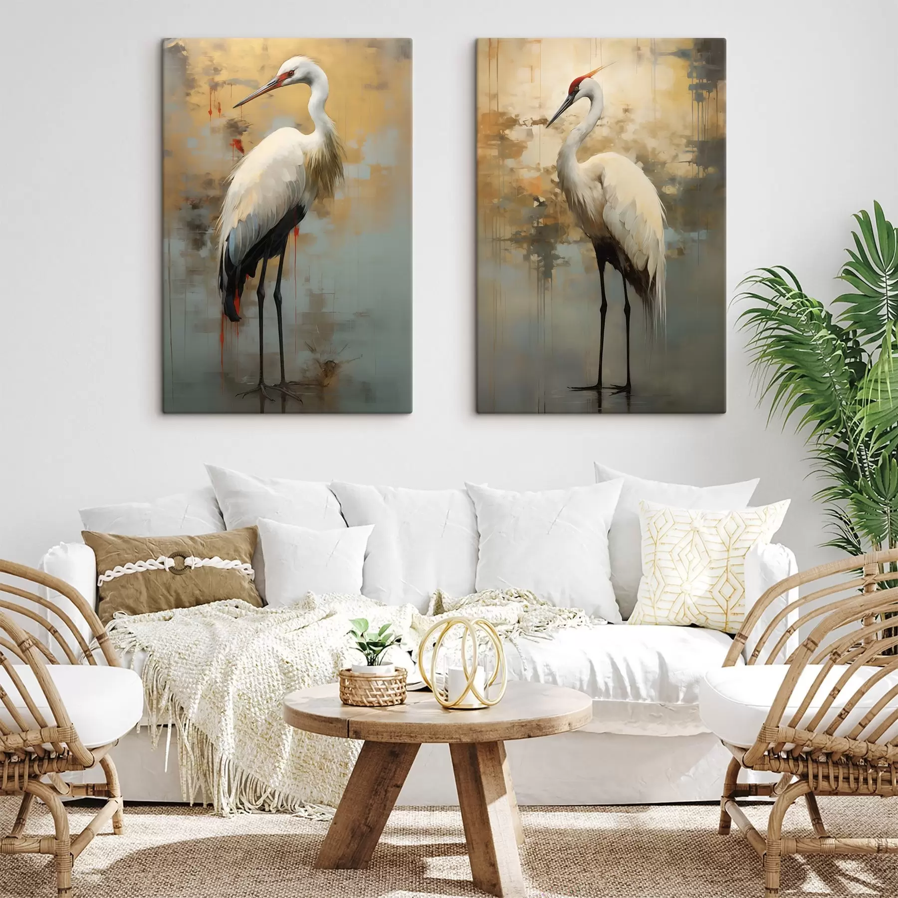 Картина Біла чапля на тлі приглушених жовтих, коричневих і синіх відтінків, що нагадують туманний, абстрактний пейзаж m00530