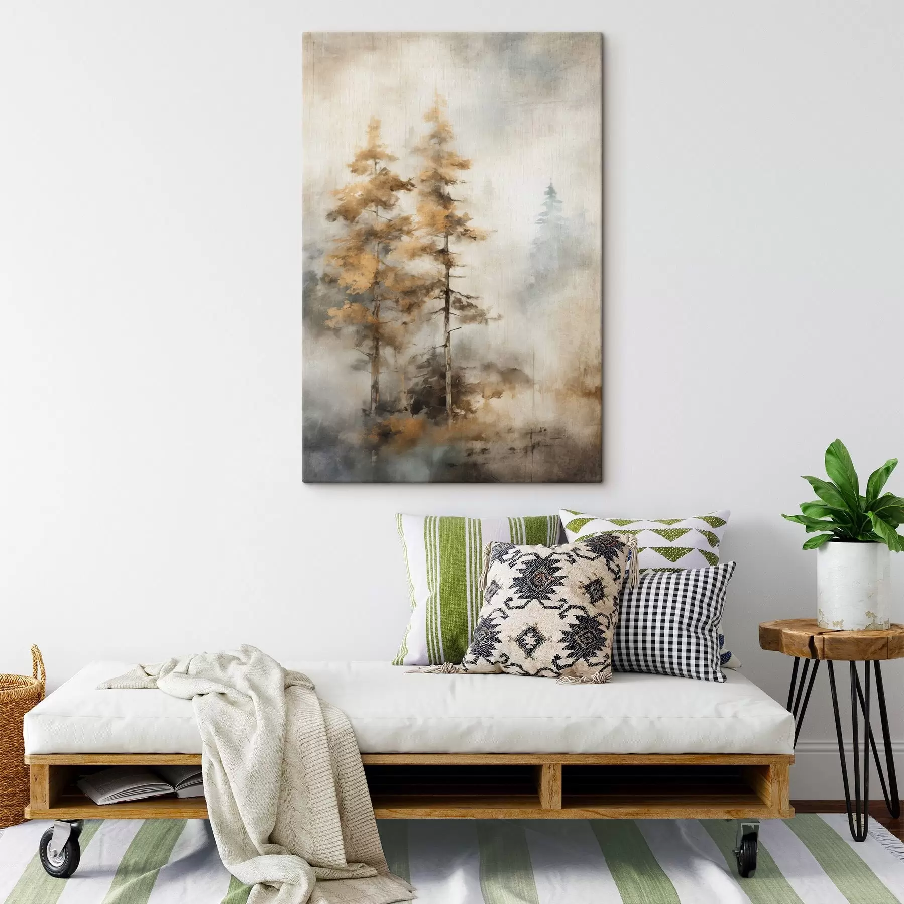 Картина Текстуровані високі дерева з жовтим листям у лісі, фон - суміш м'яких блакитних і коричневих тонів s45188