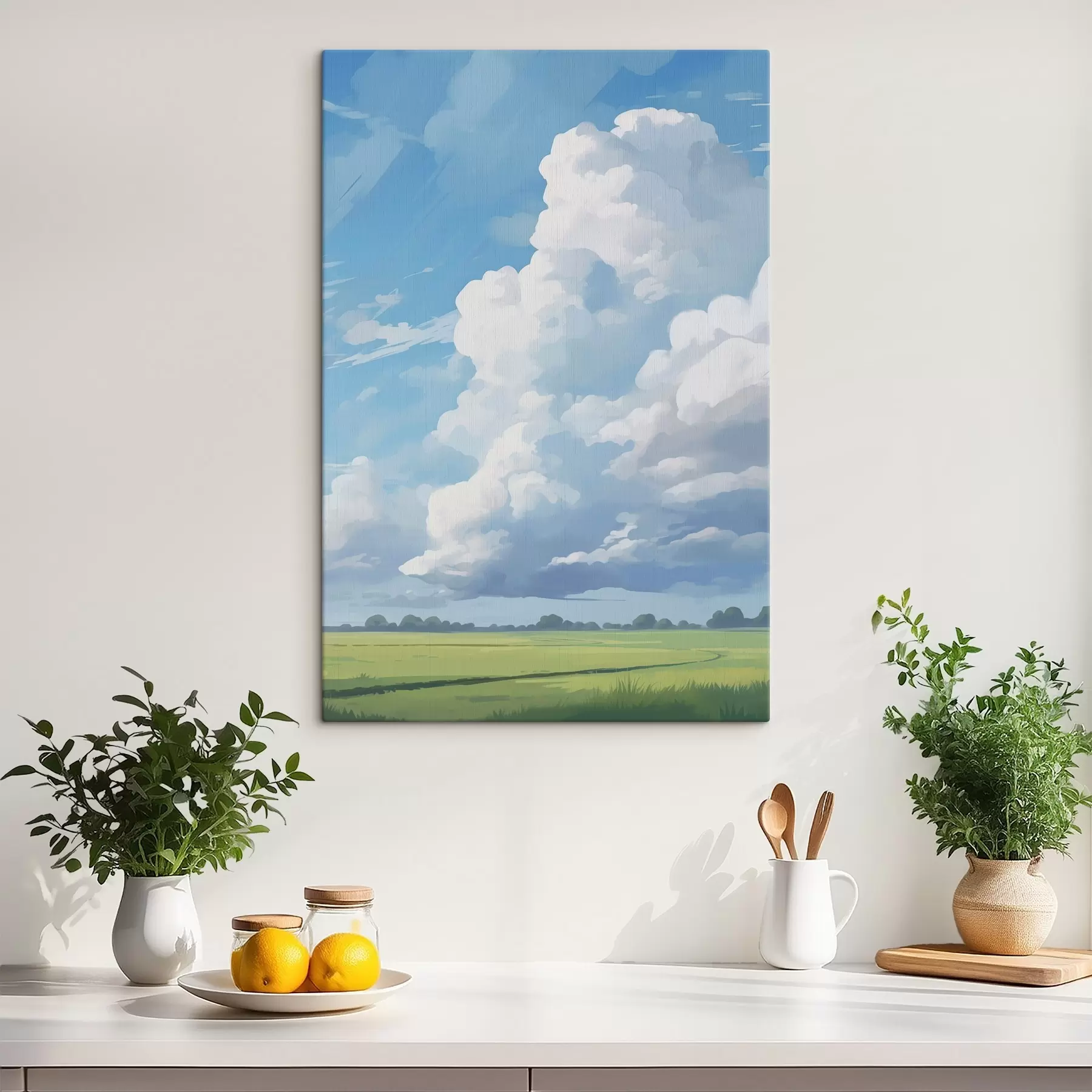 Картина Поле на тлі неба з величезними хмарами s45453
