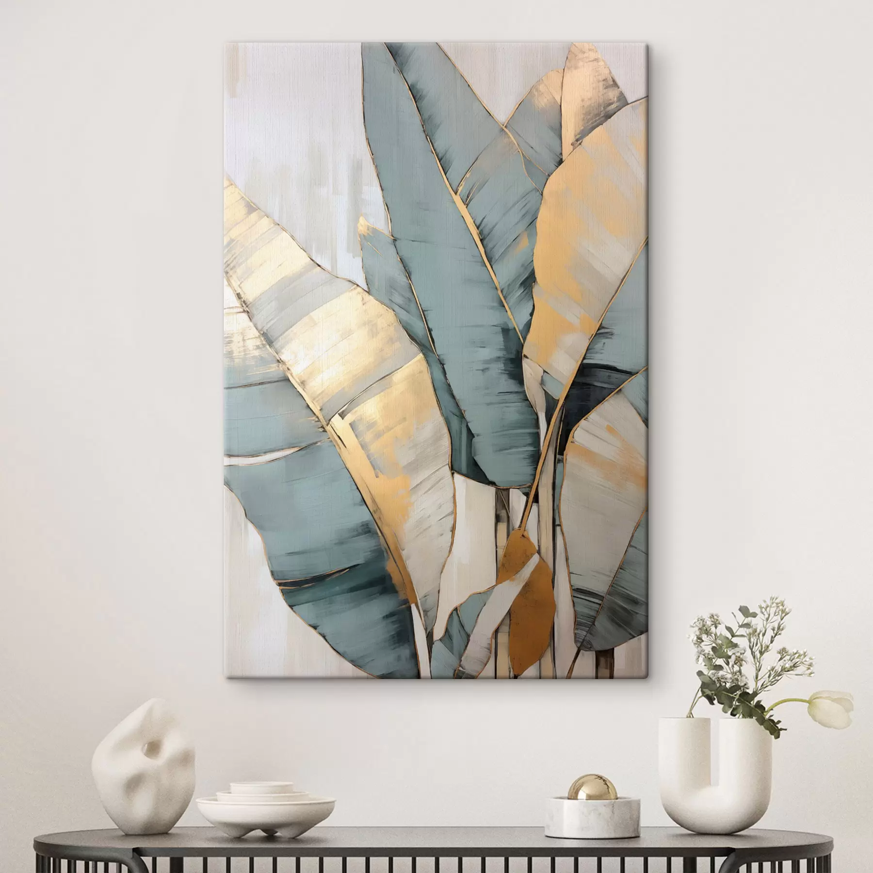 Картина Приглушене синє, сіре та жовте бананове листя з видимими мазками пензля на білому абстрактному тлі s45552