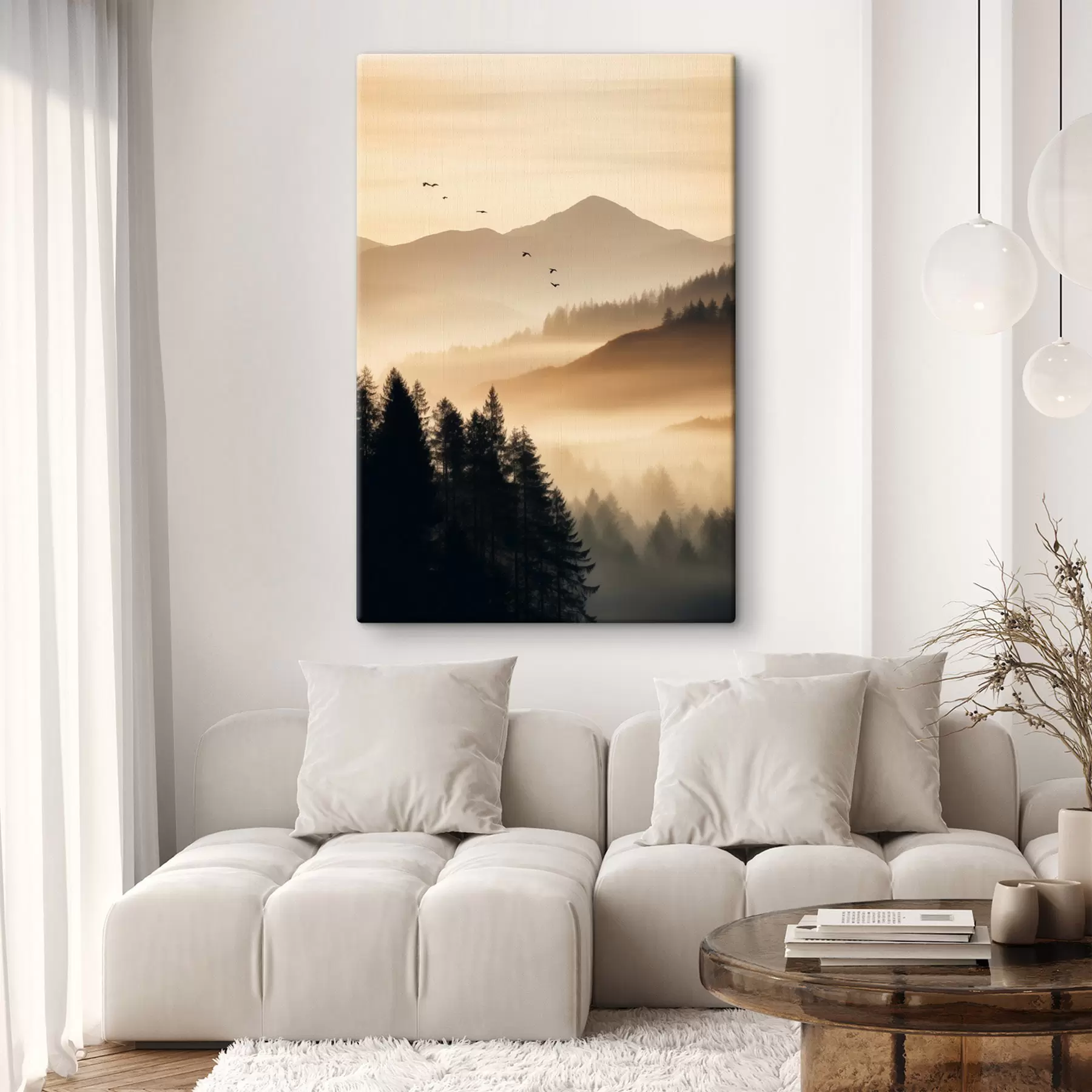 Картина Гірський пейзаж з лісом і птахами, що літають у небі, вкритий товстим шаром туману під час сходу сонця s45563