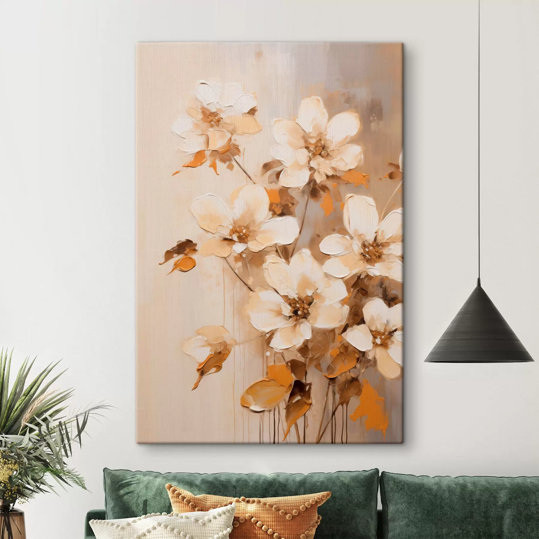 Картина Білі квіти з помаранчевим листям, ніжні мазки, квіткова композиція, ботанічне мистецтво  s45574
