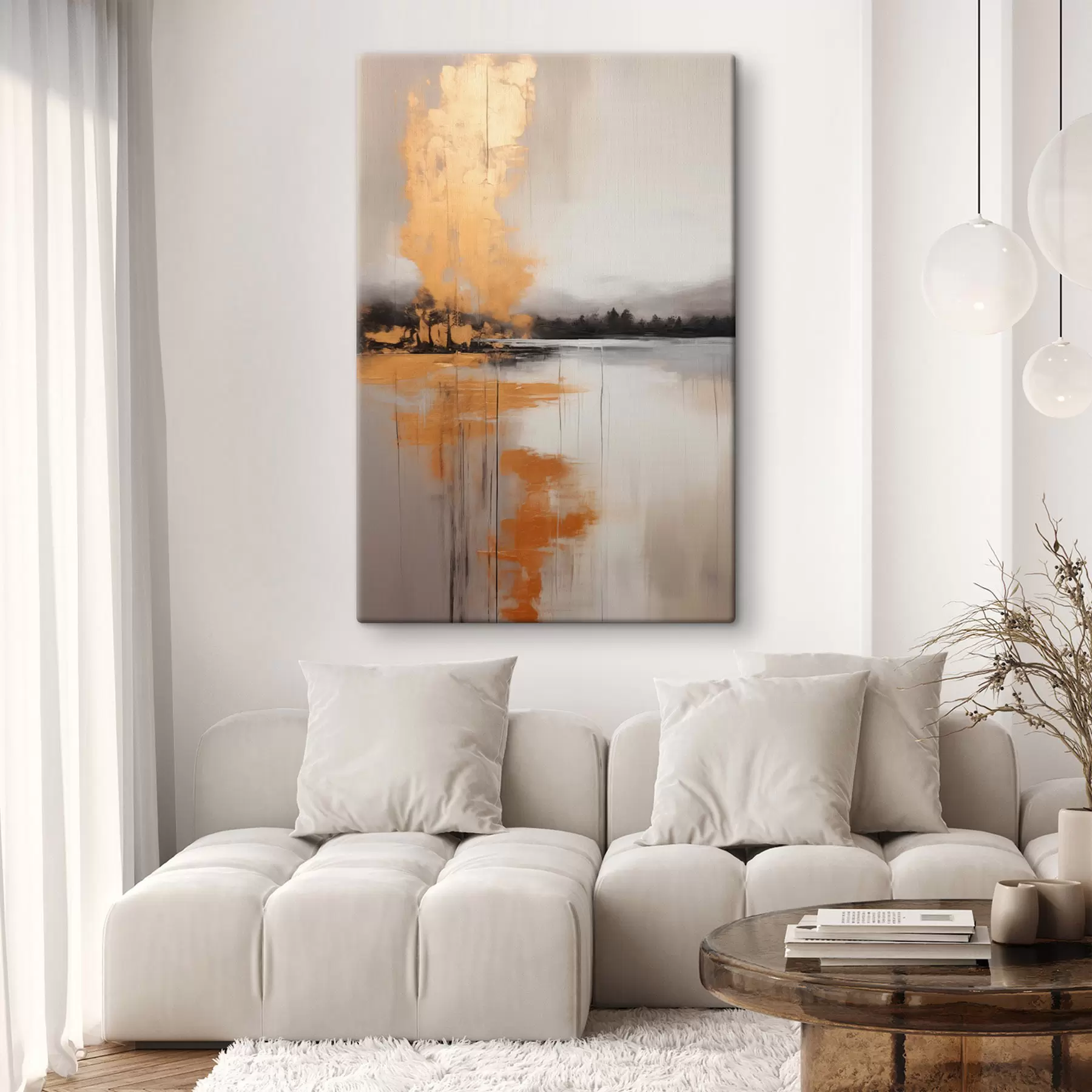 Картина Абстрактний пейзаж з озером, деревами та жовтим туманом, у якому відбивається вода та хмарне небо s45575