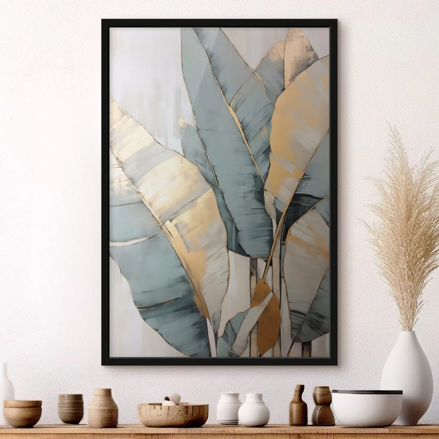 Картина Приглушене синє, сіре та жовте бананове листя з видимими мазками пензля на білому абстрактному тлі f45552