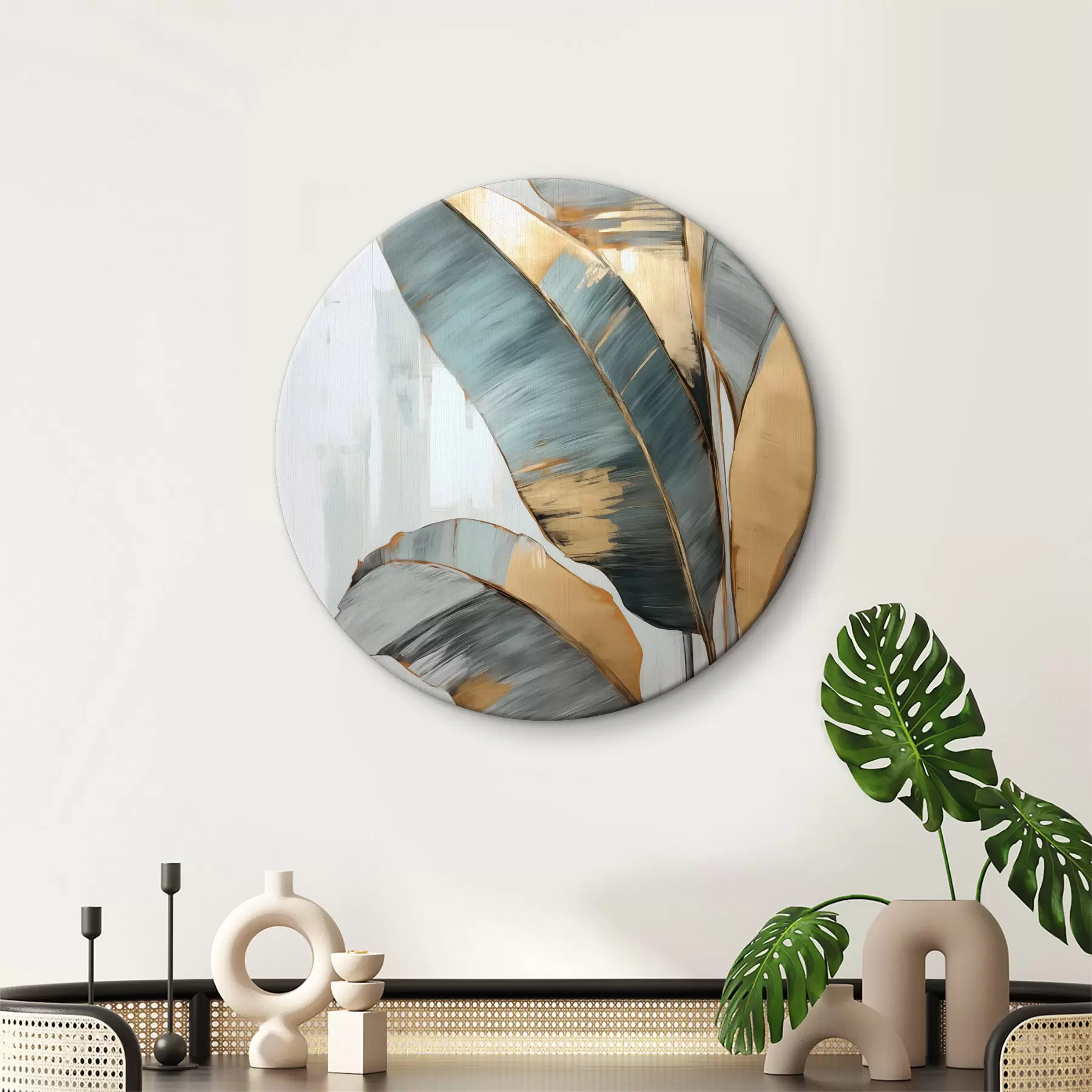 Картина Набір приглушеного синього, сірого та жовтого бананового листя з видимими мазками пензля на білому абстрактному тлі r45551