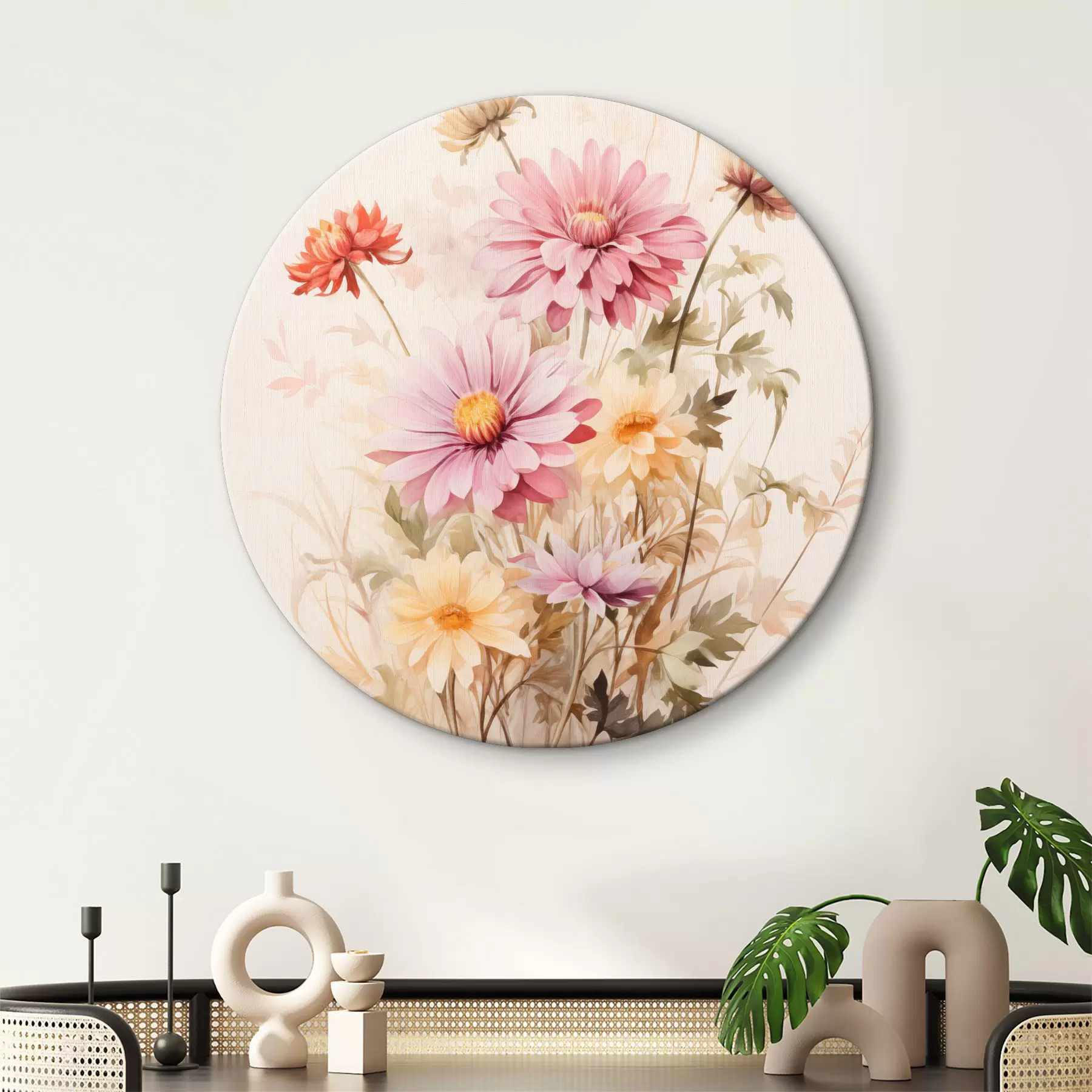 Картина Букет різнокольорових квітів, м'який акварельний стиль, на світлому тлі, ботанічна ілюстрація r45560