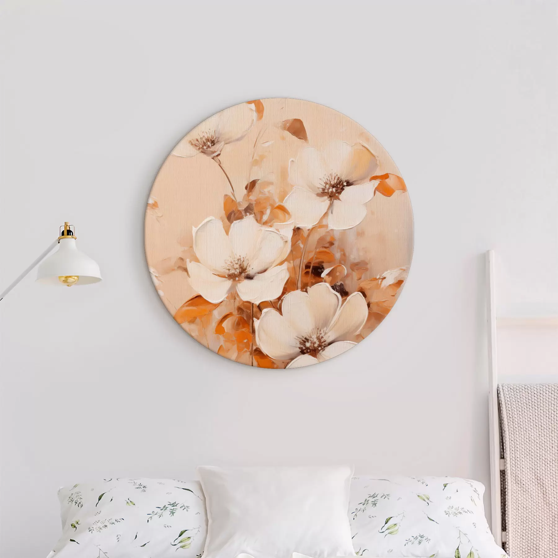 Картина Білі квіти з помаранчевим листям, ніжні мазки, тепла палітра кольорів, елегантна композиція r45573